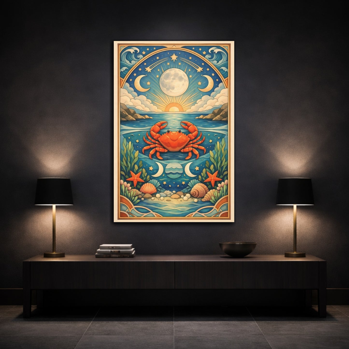 Mockup 2. Animals Crab Blue And Orange shown as stretched canvas wall art
