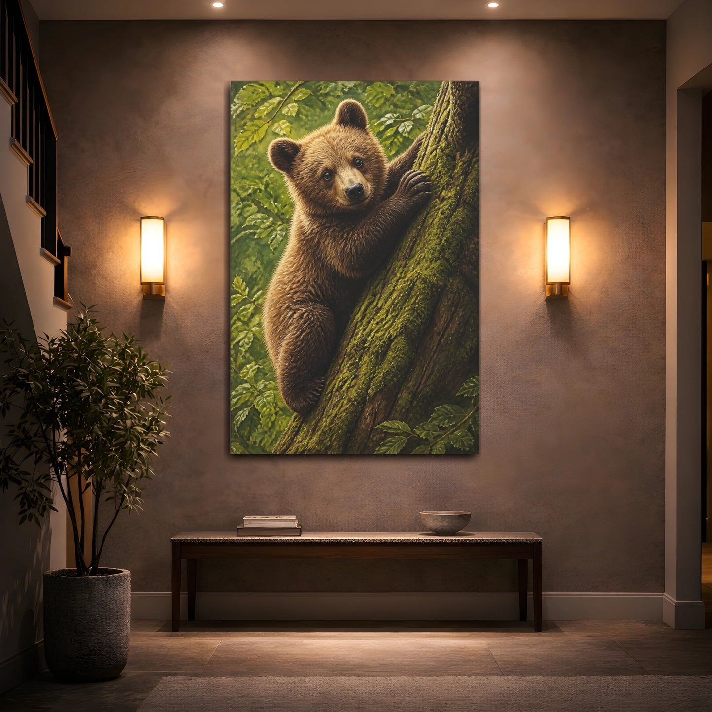 Mockup 2. Animals Curious Bear Cub Climbing shown as canvas print