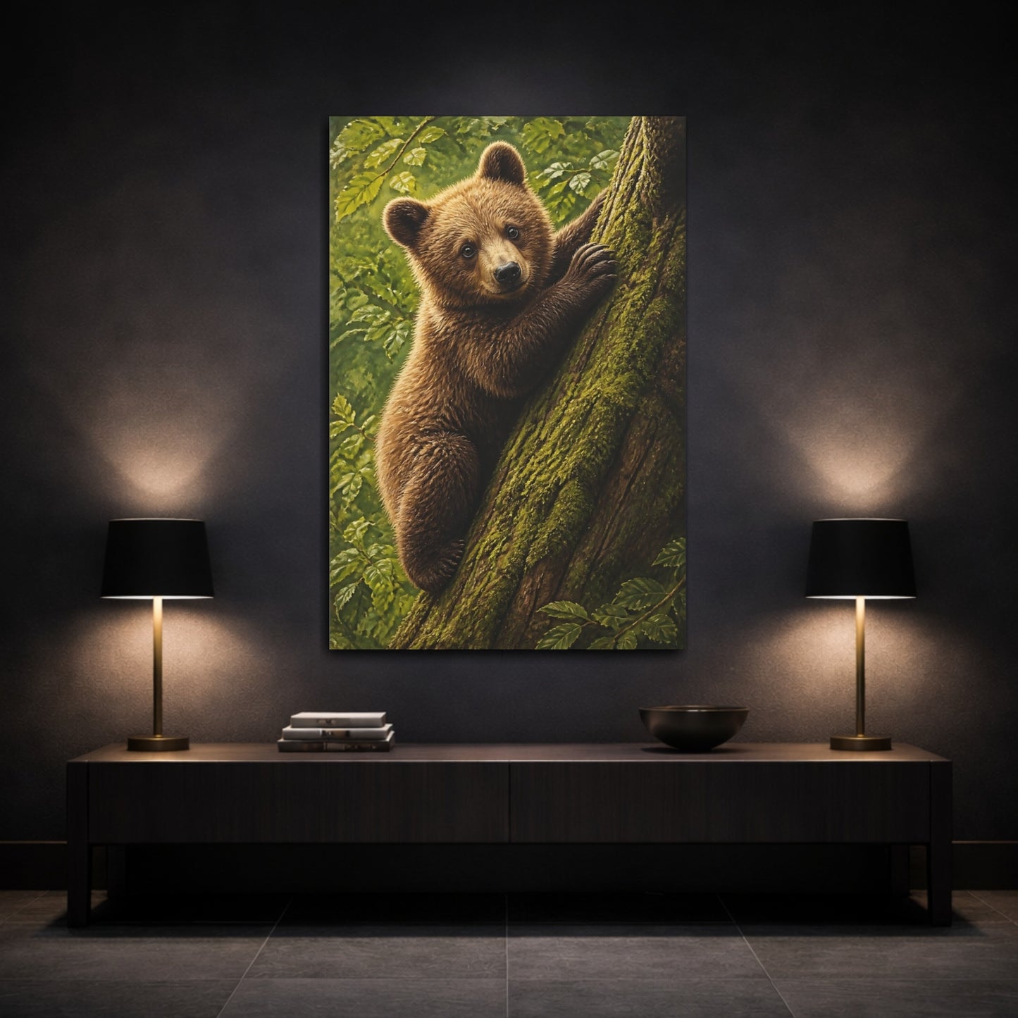 Mockup 3. Animals Curious Bear Cub Climbing shown as canvas print