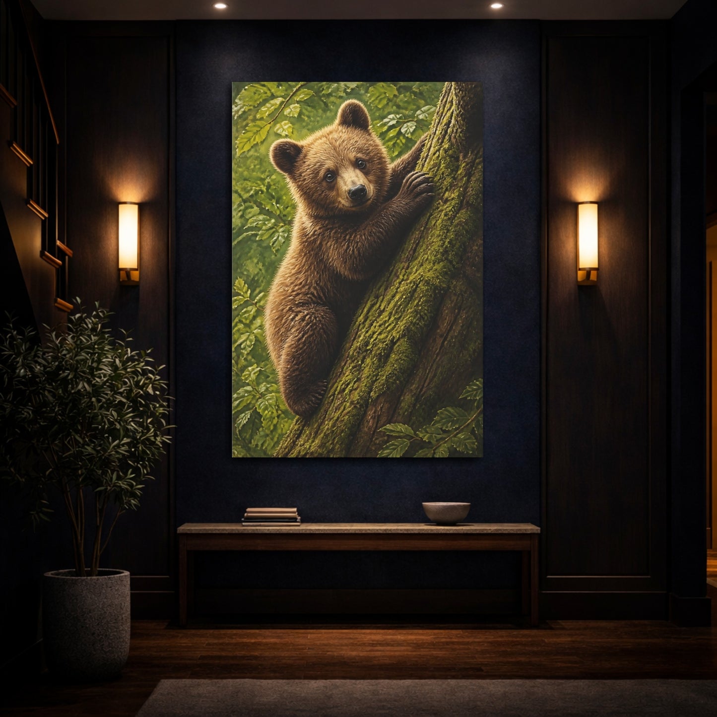 Mockup 4. Animals Curious Bear Cub Climbing shown as canvas print