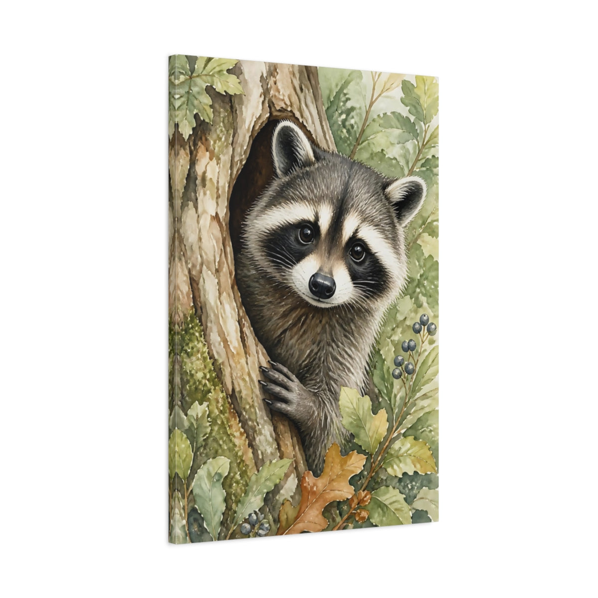 Main Mockup. Animals Curious Raccoon In Tree Hollow shown as canvas print