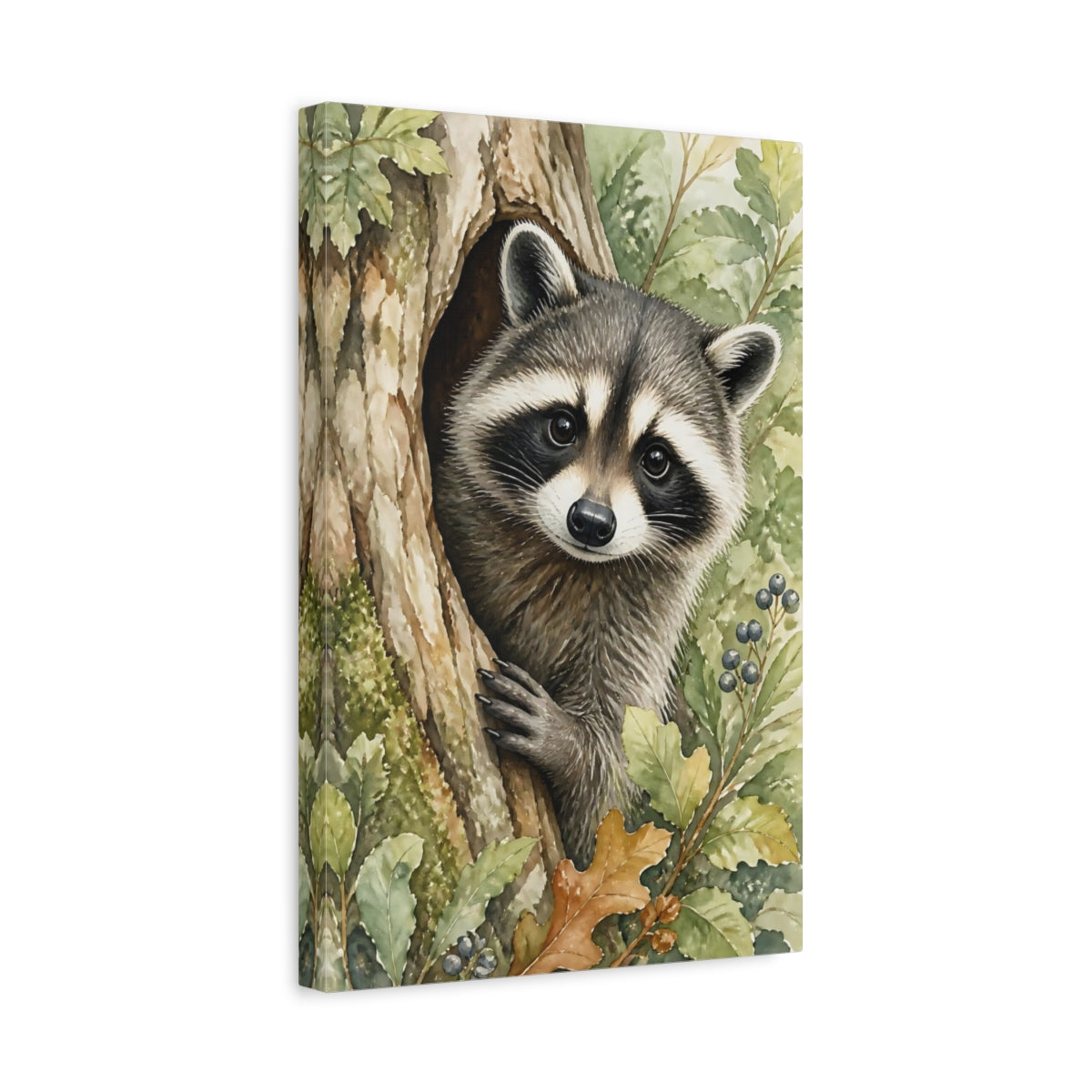 Side Mockup 4. Animals Curious Raccoon In Tree Hollow shown as canvas print