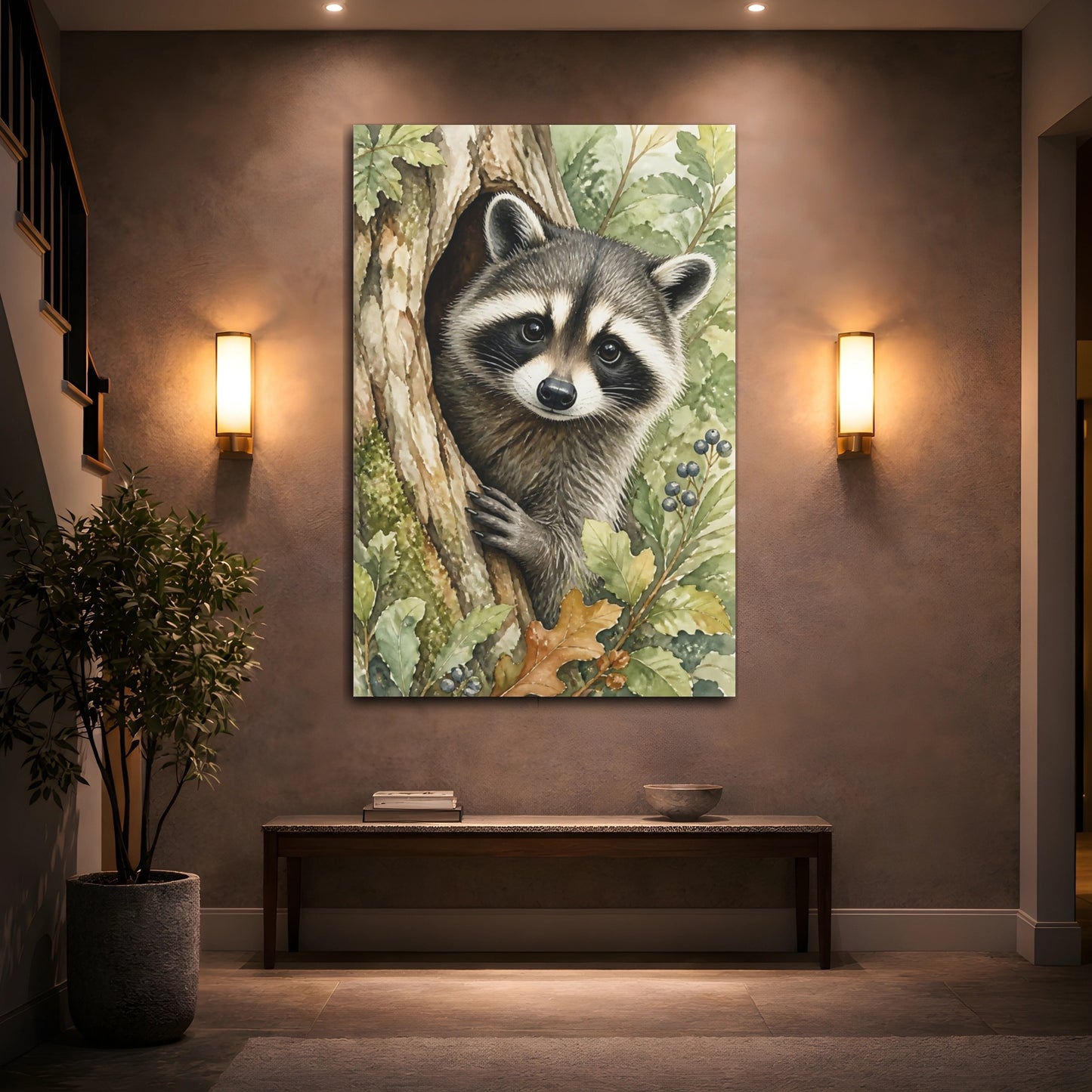 Mockup 2. Animals Curious Raccoon In Tree Hollow shown as canvas print