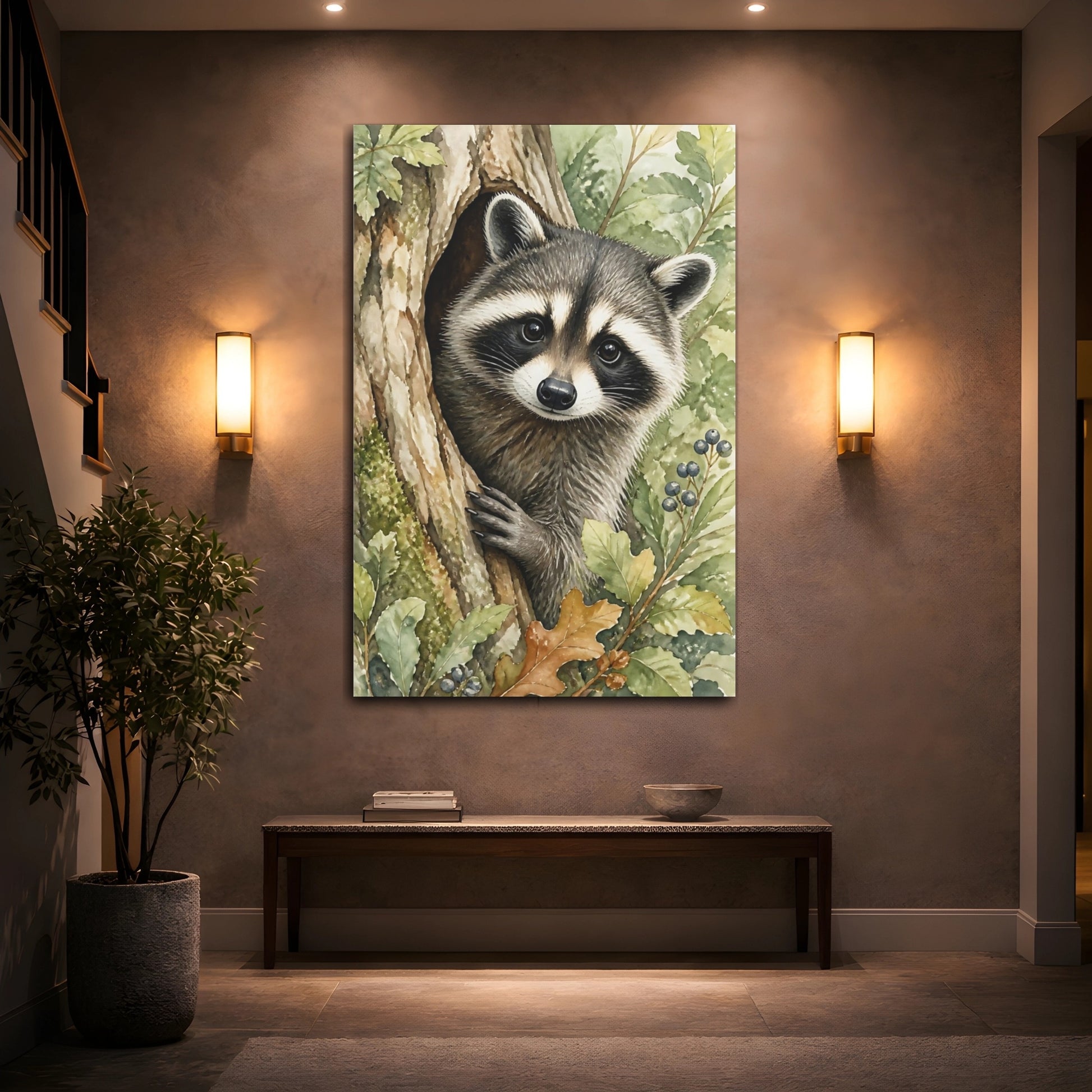 Mockup 2. Animals Curious Raccoon In Tree Hollow shown as canvas print