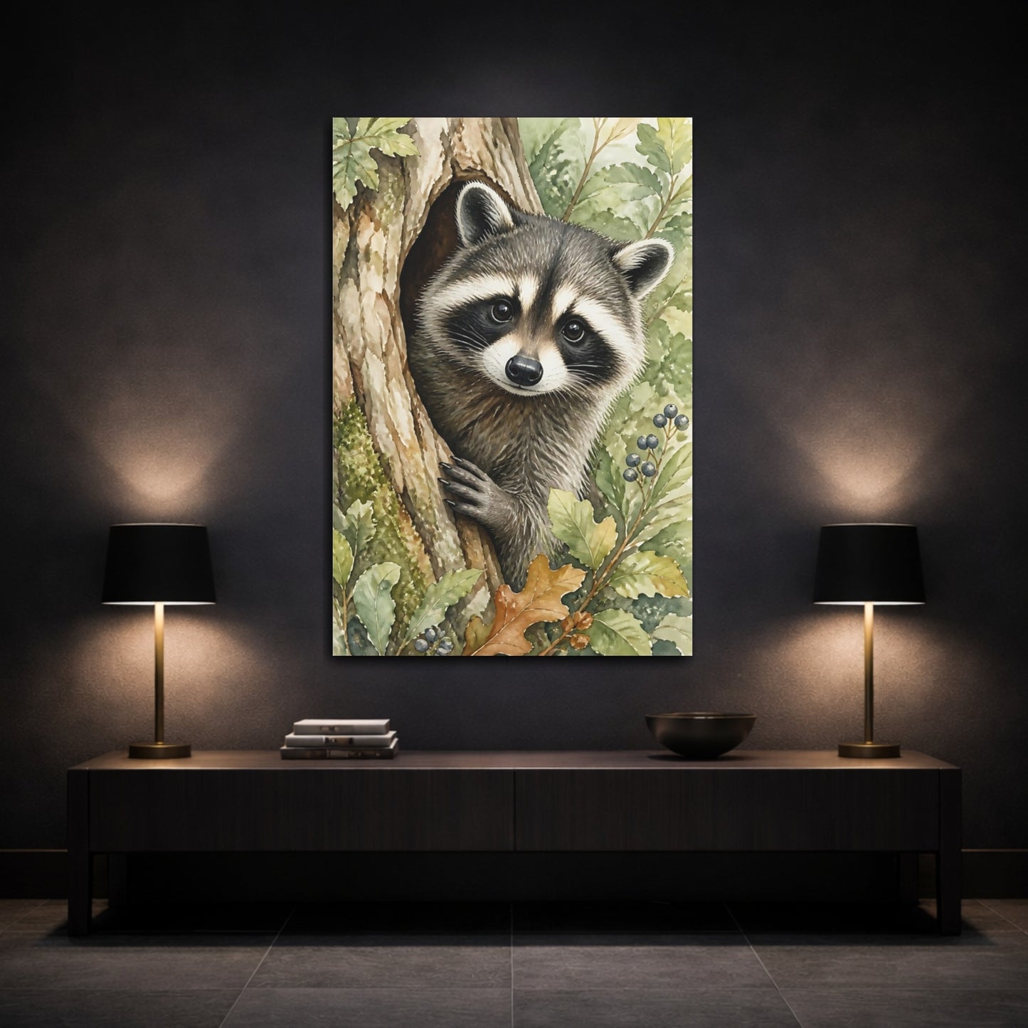 Mockup 3. Animals Curious Raccoon In Tree Hollow shown as canvas print