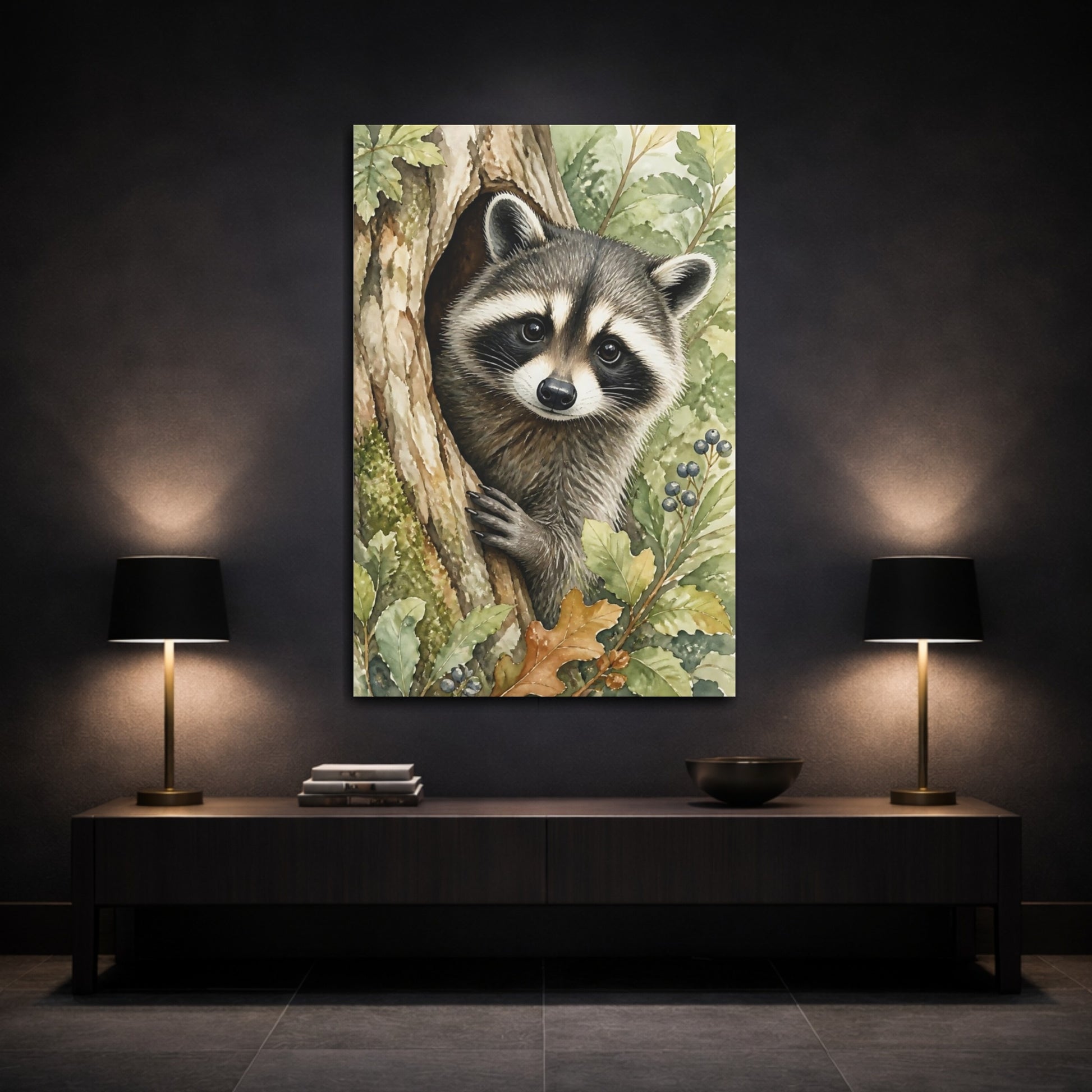 Mockup 3. Animals Curious Raccoon In Tree Hollow shown as canvas print