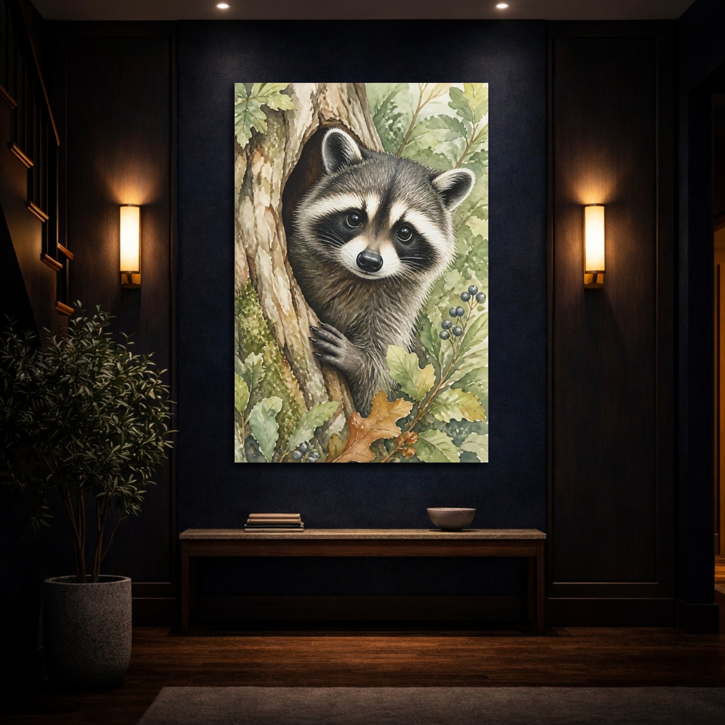 Mockup 4. Animals Curious Raccoon In Tree Hollow shown as canvas print