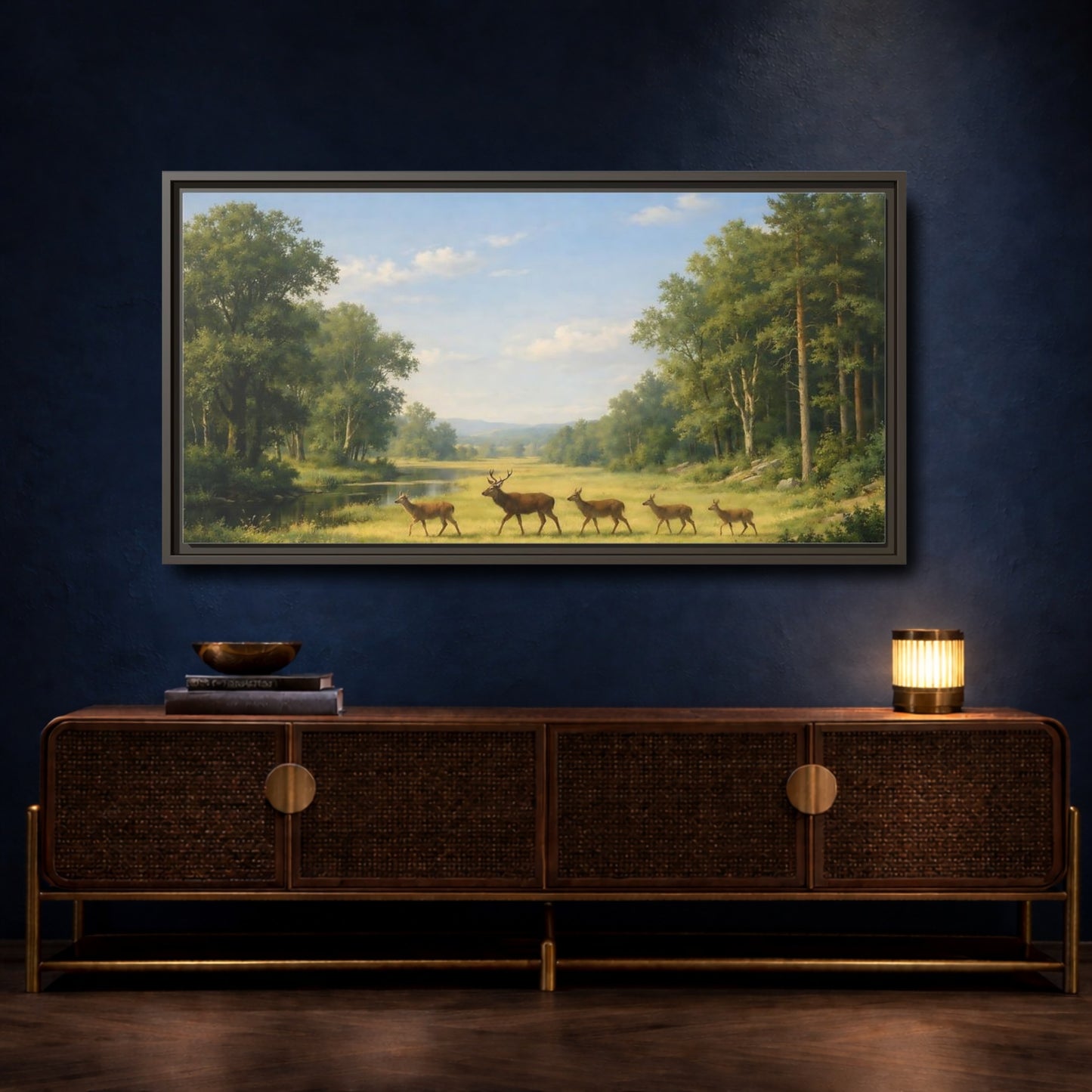 Mockup 4. Animals Deer Green Forest Deer shown as stretched canvas wall art