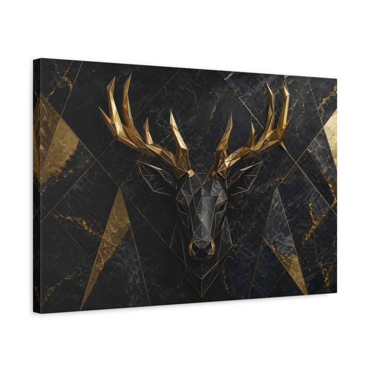 Side Mockup 3. Animals Deer Head Black Gold Deer shown as stretched canvas wall art