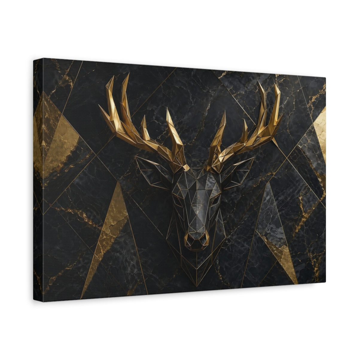 Side Mockup 4. Animals Deer Head Black Gold Deer shown as stretched canvas wall art