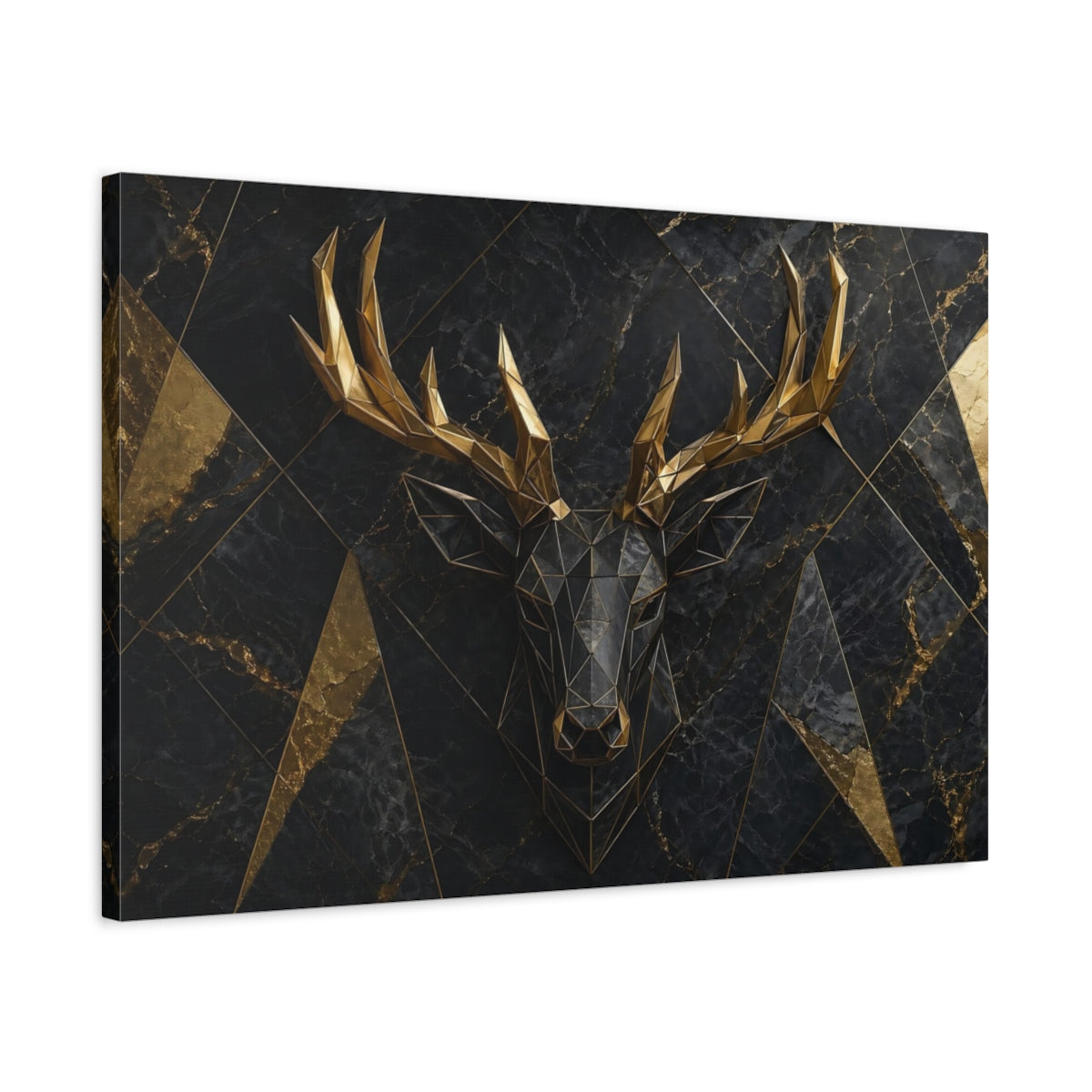 Side Mockup 2. Animals Deer Head Black Gold Deer shown as stretched canvas wall art