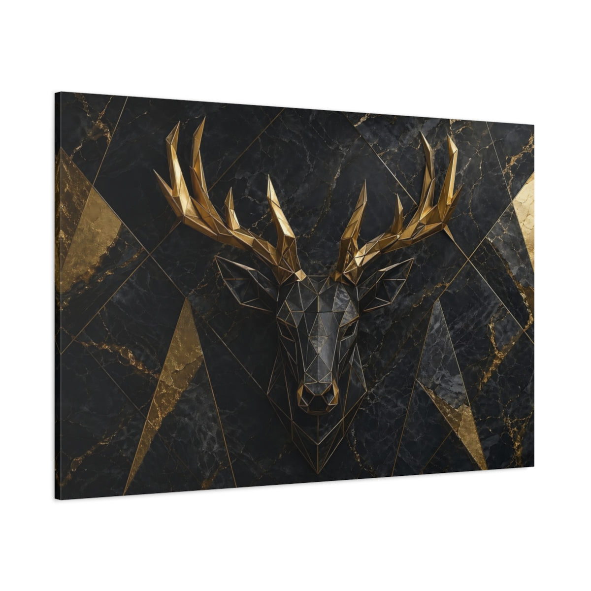 Side Mockup 1. Animals Deer Head Black Gold Deer shown as stretched canvas wall art