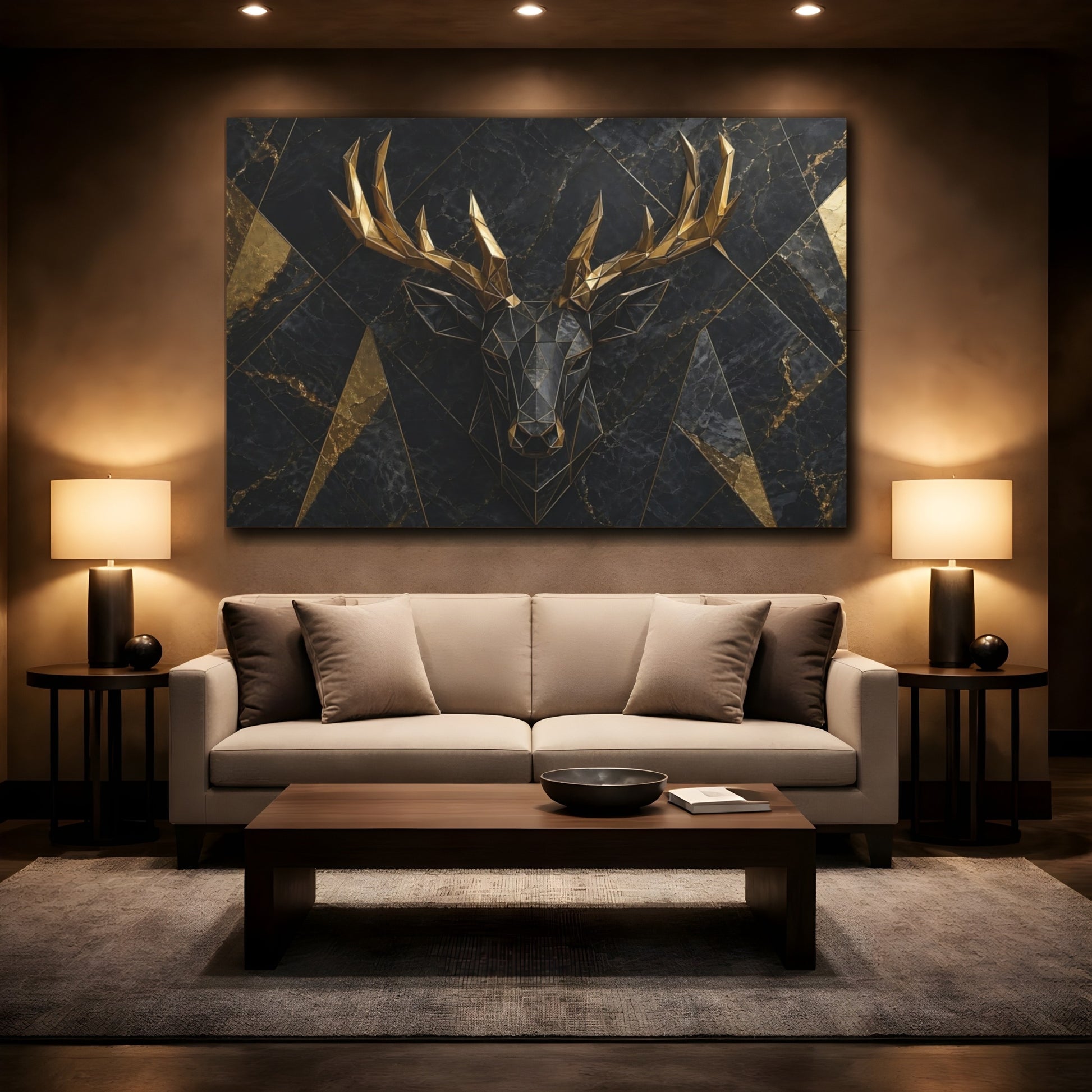 Mockup 2. Animals Deer Head Black Gold Deer shown as stretched canvas wall art