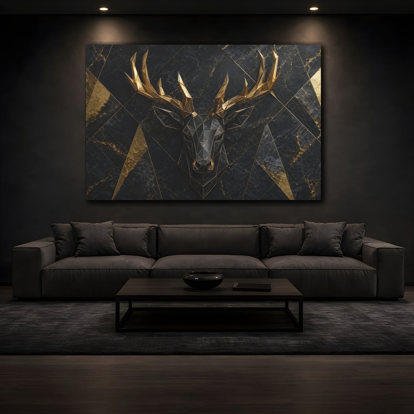 Mockup 3. Animals Deer Head Black Gold Deer shown as stretched canvas wall art