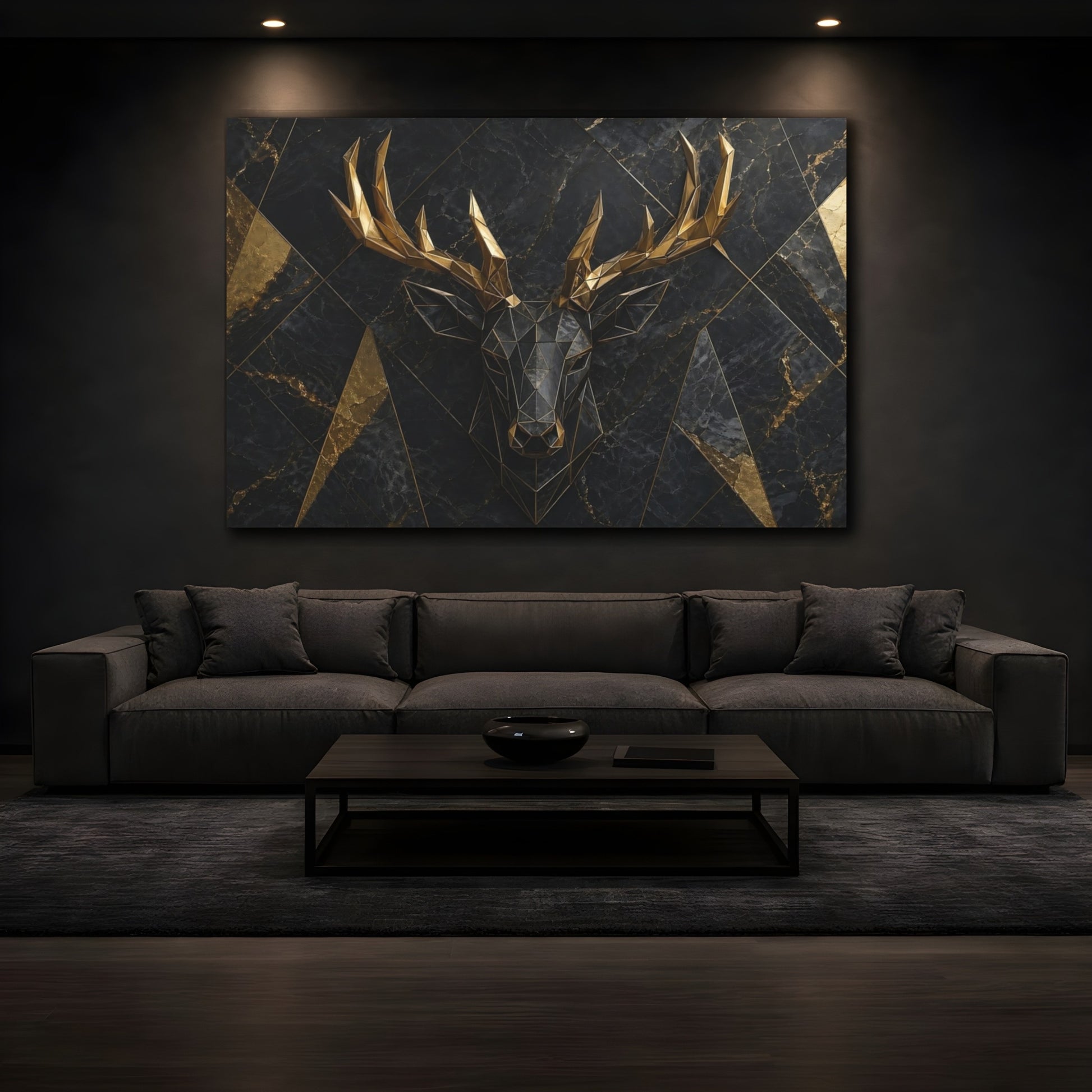 Mockup 3. Animals Deer Head Black Gold Deer shown as stretched canvas wall art