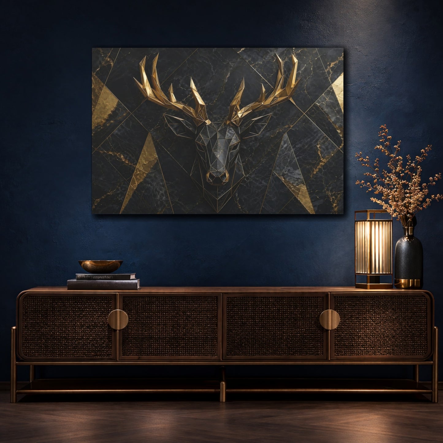 Mockup 4. Animals Deer Head Black Gold Deer shown as stretched canvas wall art