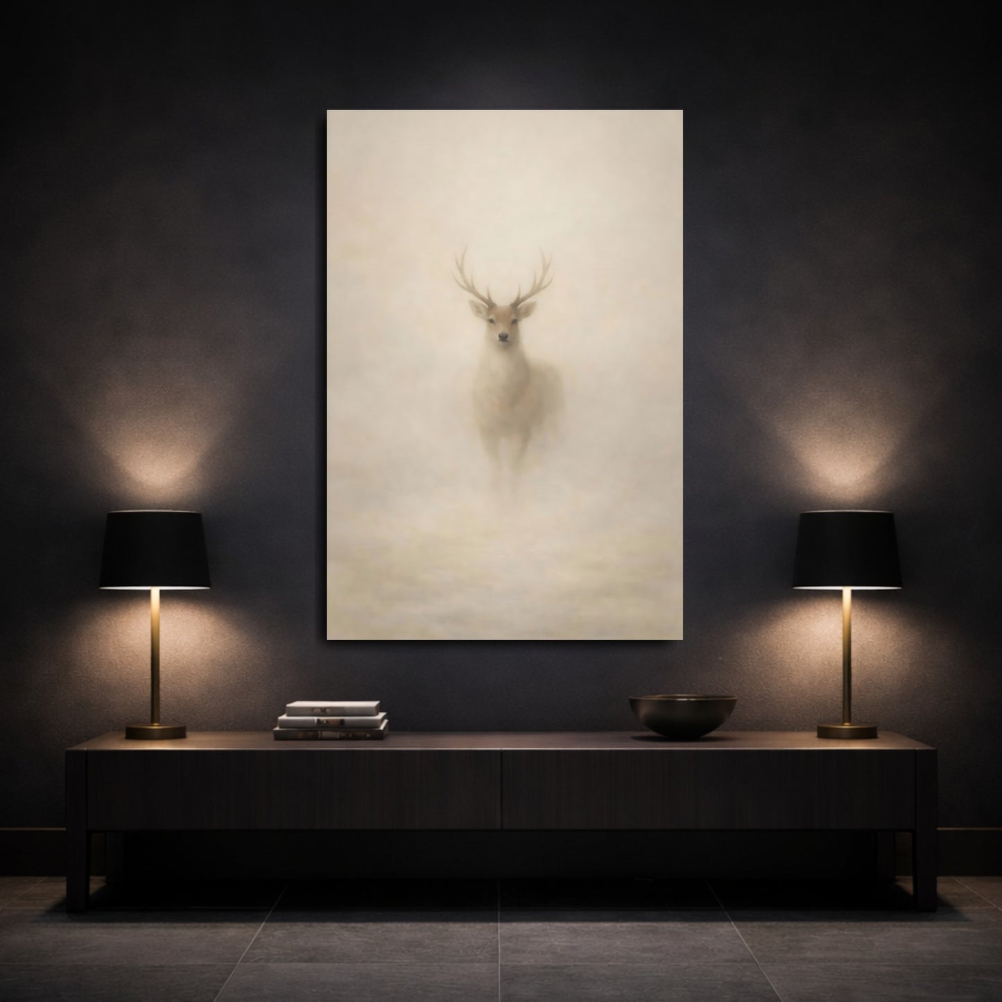 Mockup 2. Animals Deer Misty Deer shown as stretched canvas wall art