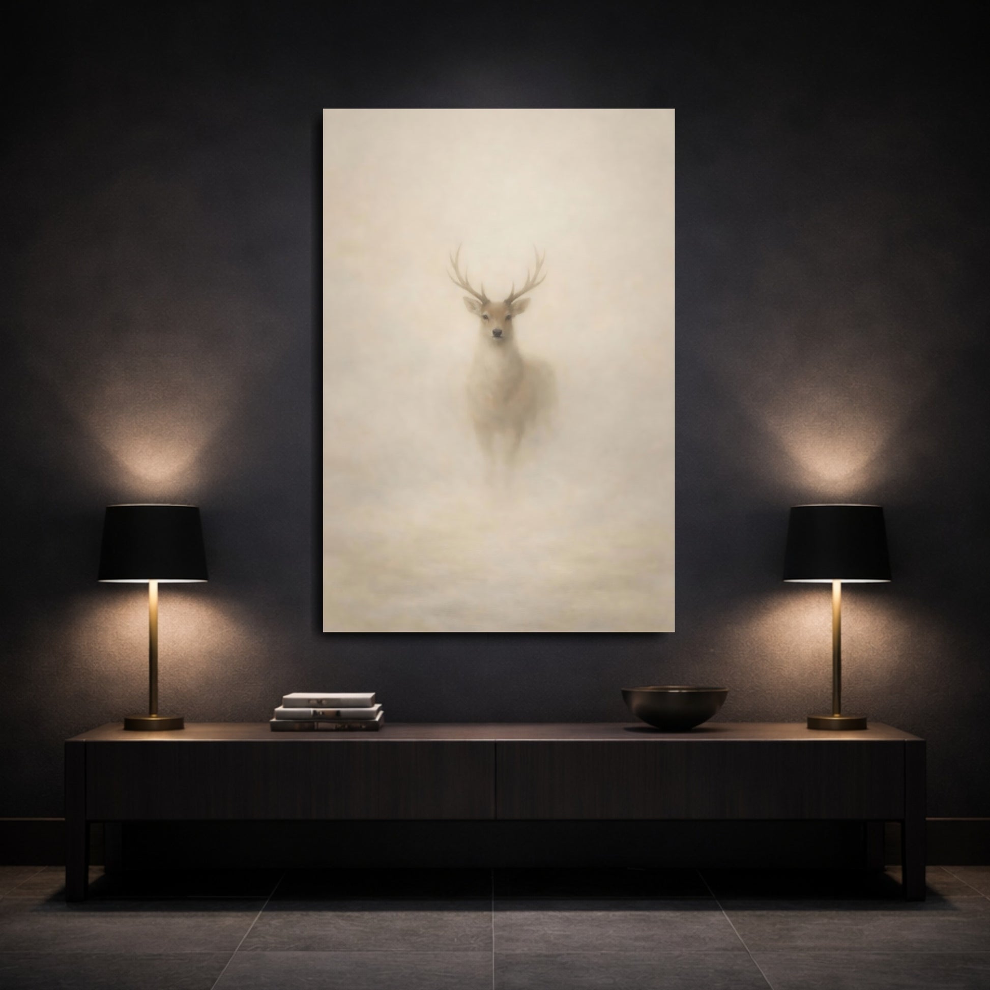 Mockup 2. Animals Deer Misty Deer shown as stretched canvas wall art