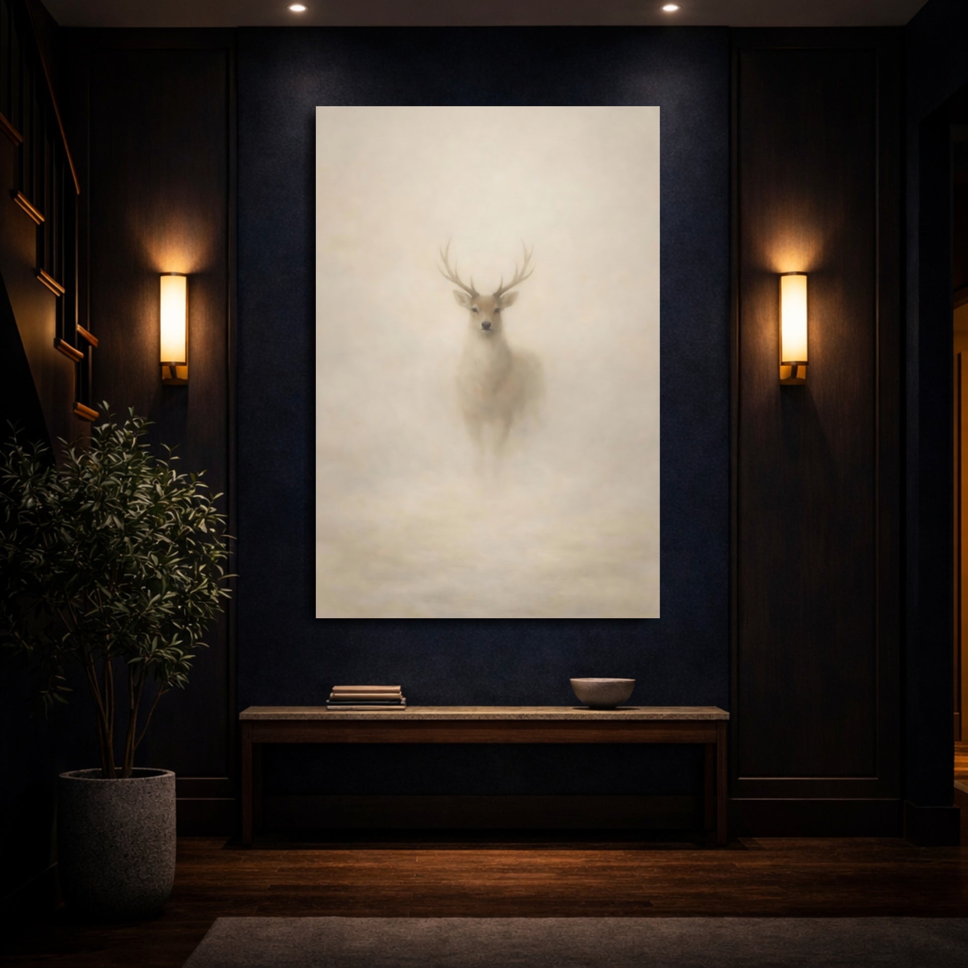 Mockup 3. Animals Deer Misty Deer shown as stretched canvas wall art