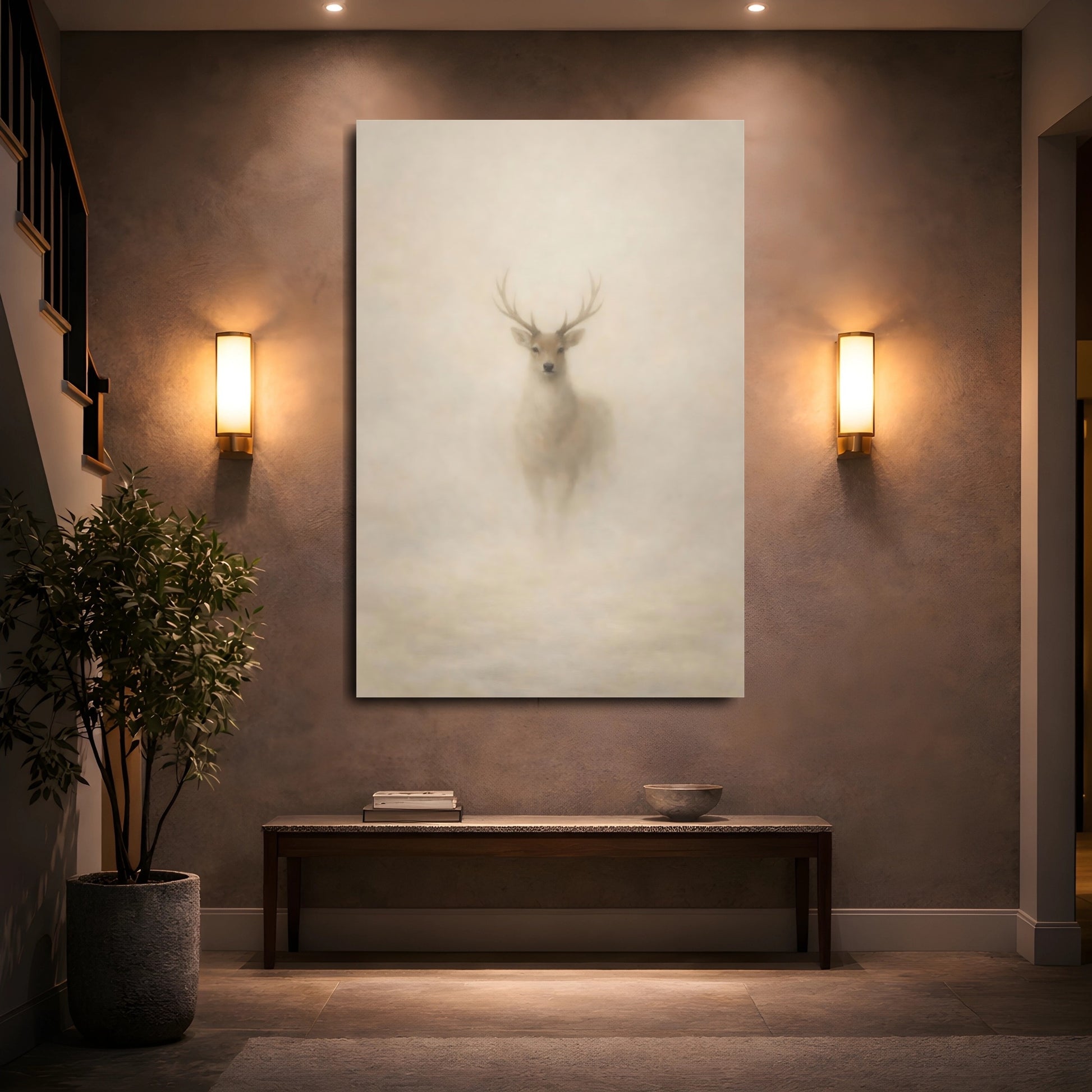Mockup 4. Animals Deer Misty Deer shown as stretched canvas wall art