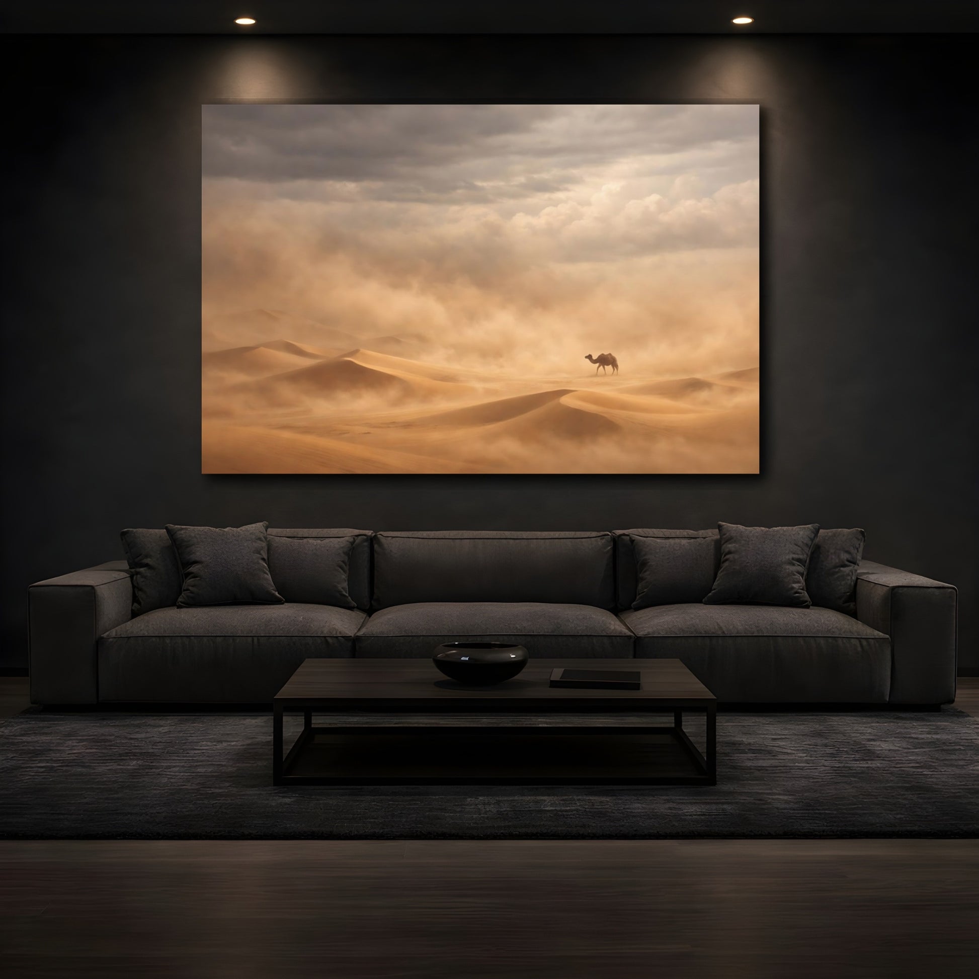 Mockup 2. Animals Desert Camel Desert Sandstorm shown as stretched canvas wall art