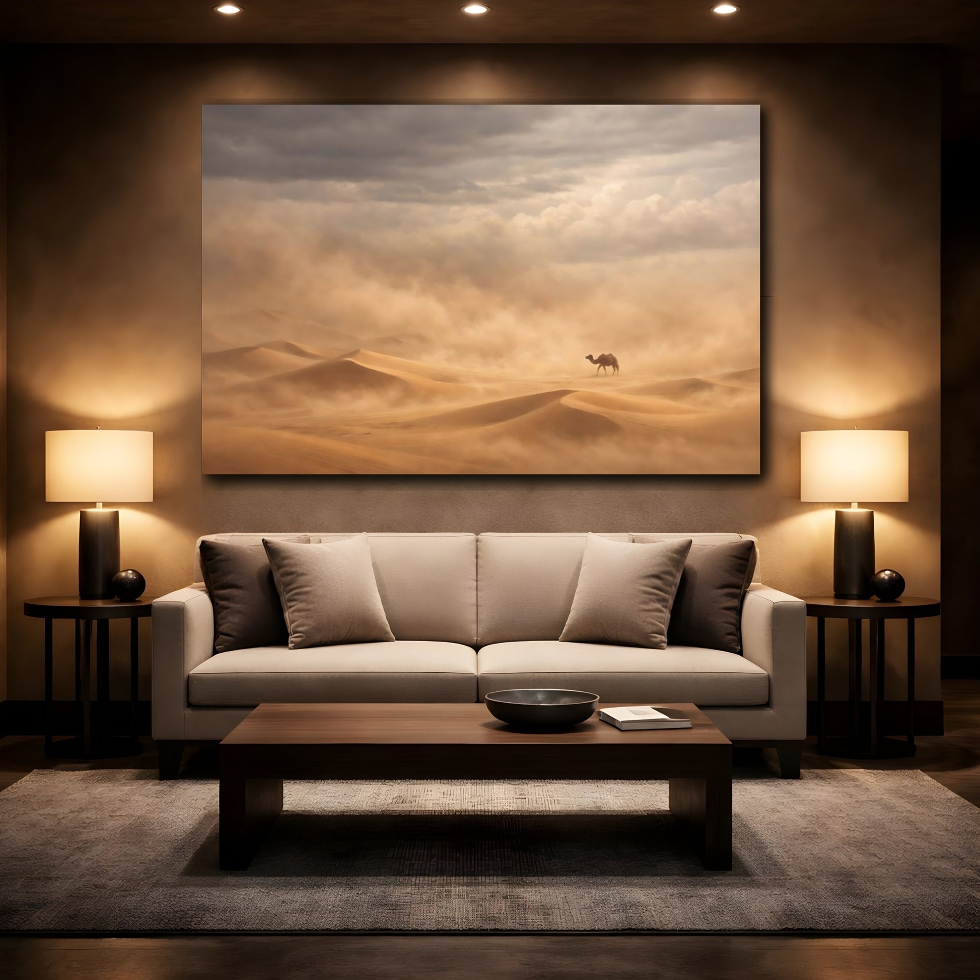 Mockup 3. Animals Desert Camel Desert Sandstorm shown as stretched canvas wall art