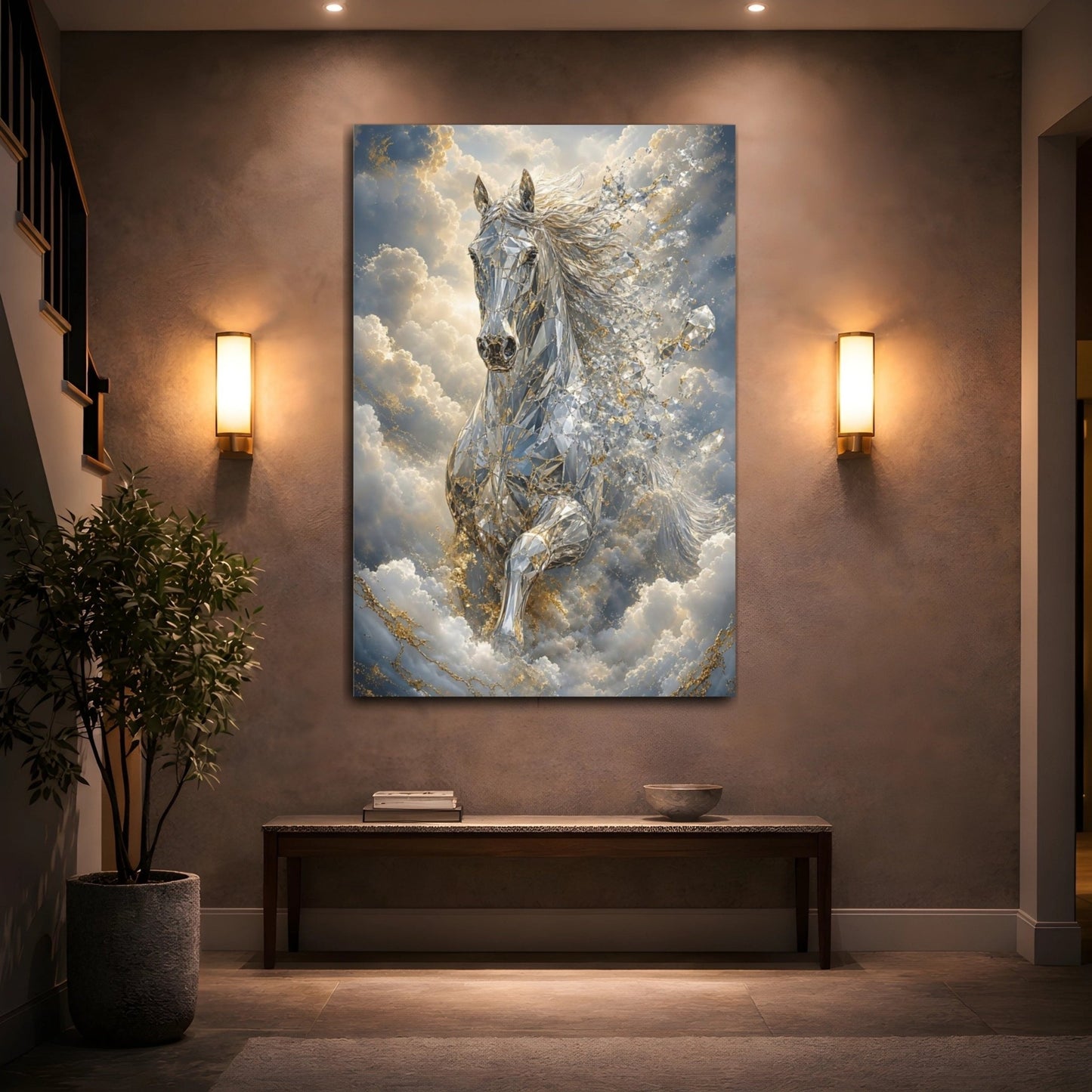 Animals Diamond Horse Silver Gold Canvas Wall Art Print – Abstract Living Room, Above Console Table - YesArtYes