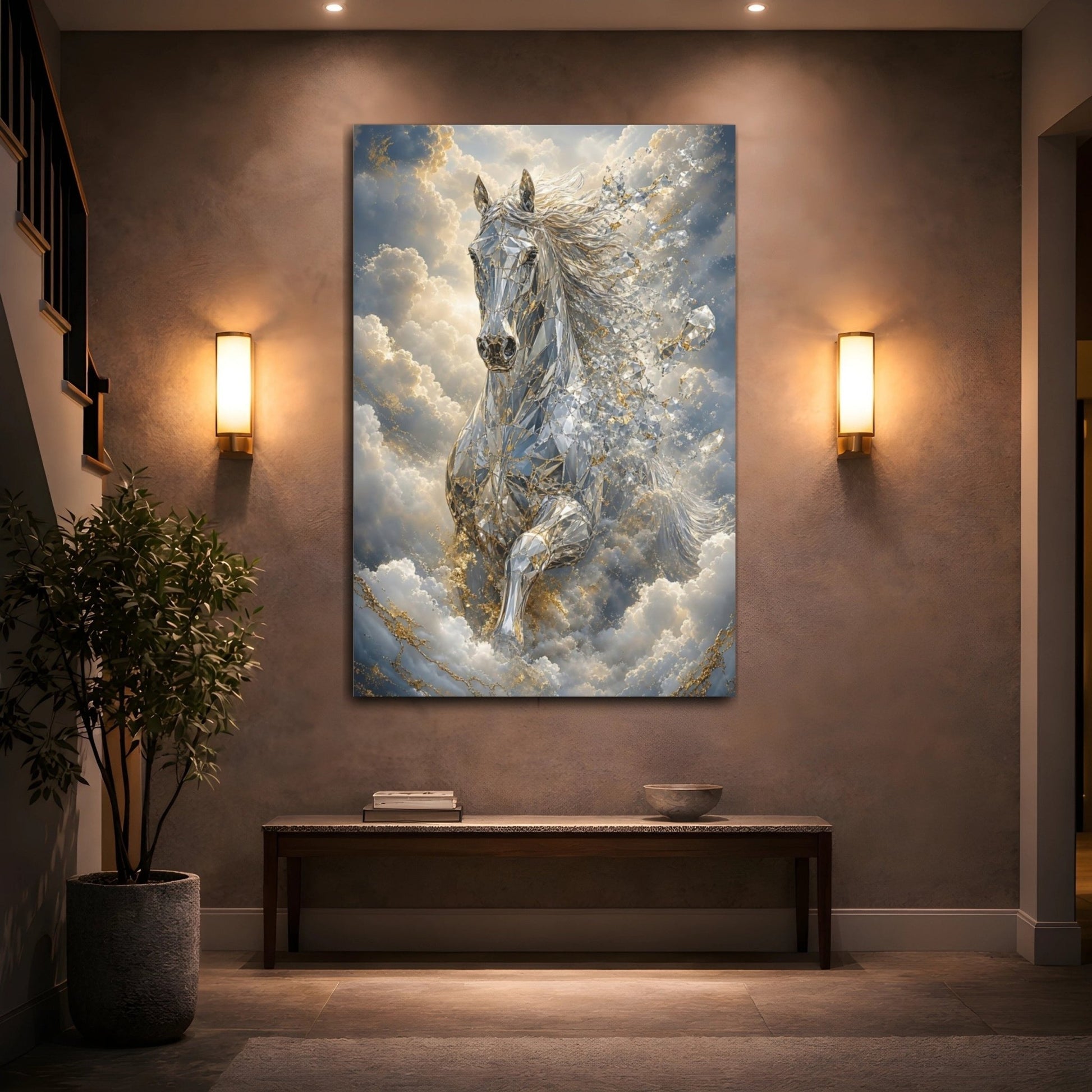 Animals Diamond Horse Silver Gold Canvas Wall Art Print – Abstract Living Room, Above Console Table - YesArtYes