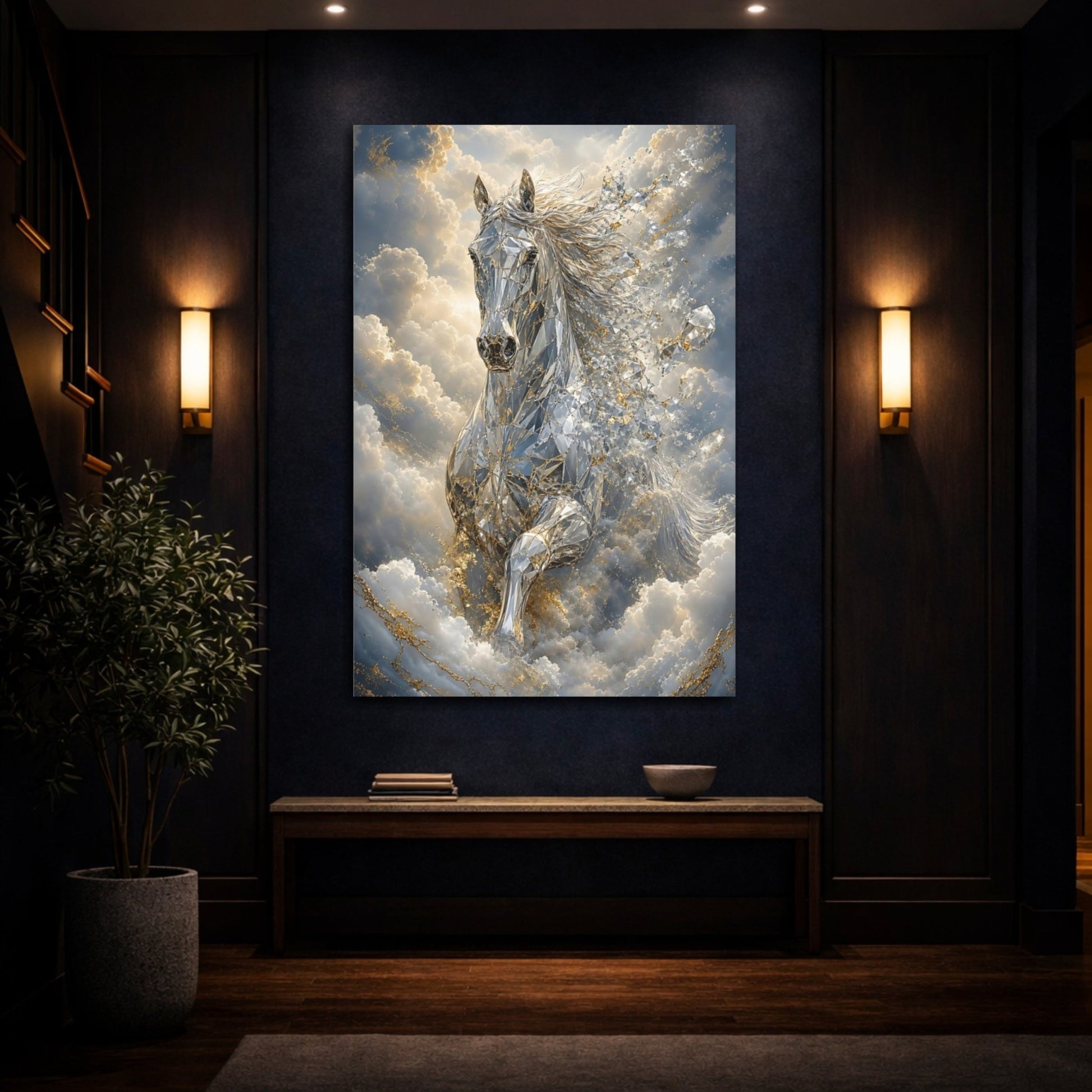 Animals Diamond Horse Silver Gold Canvas Wall Art Print – Abstract Living Room, Above Console Table - YesArtYes