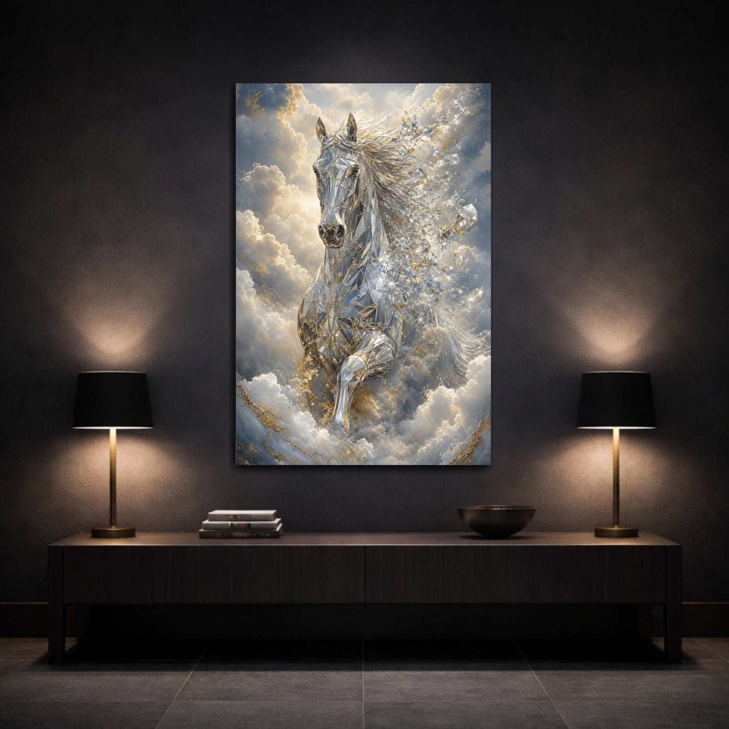 Animals Diamond Horse Silver Gold Canvas Wall Art Print – Abstract Living Room, Above Console Table - YesArtYes