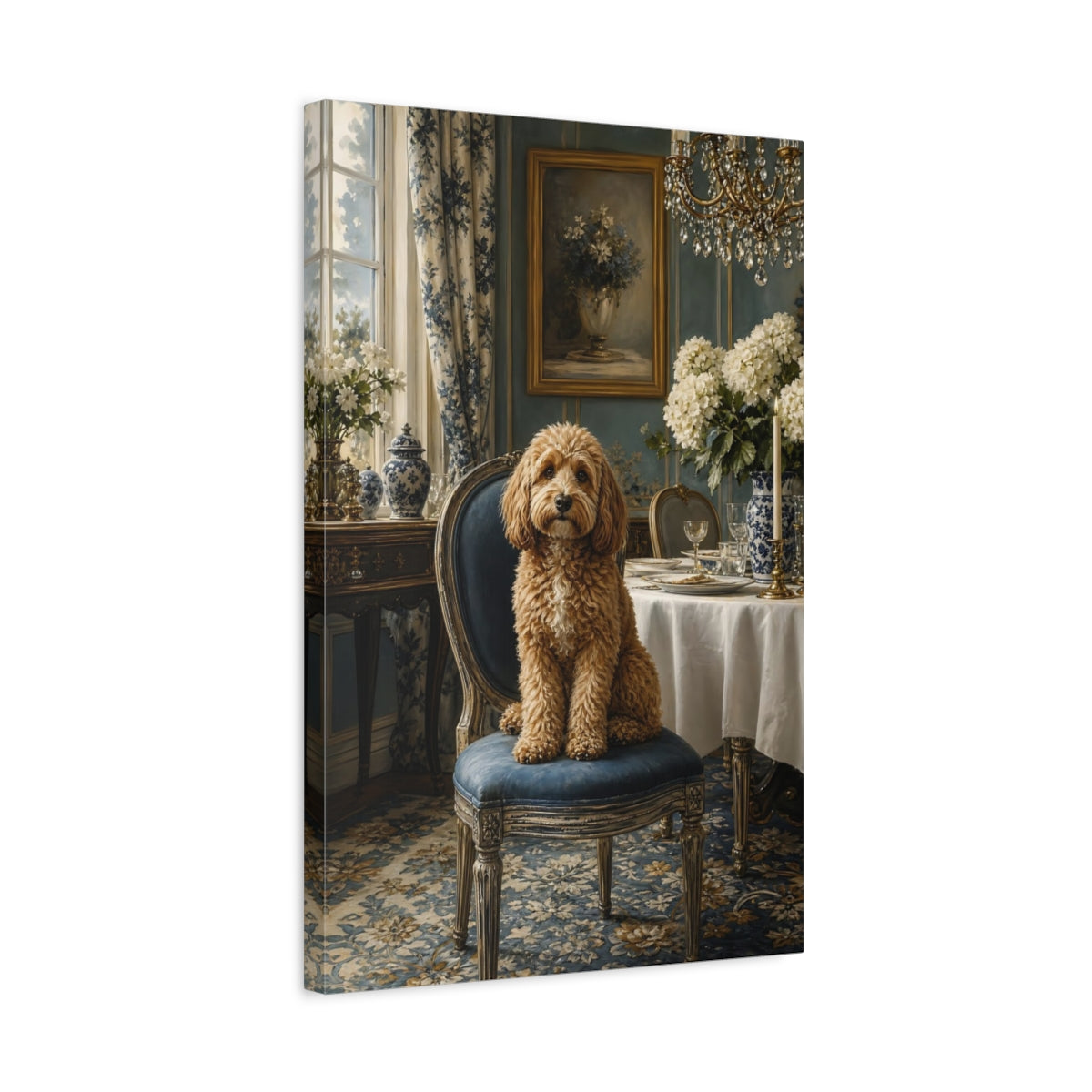 Side Mockup 3. Animals Dog Brown And Blue shown as stretched canvas wall art