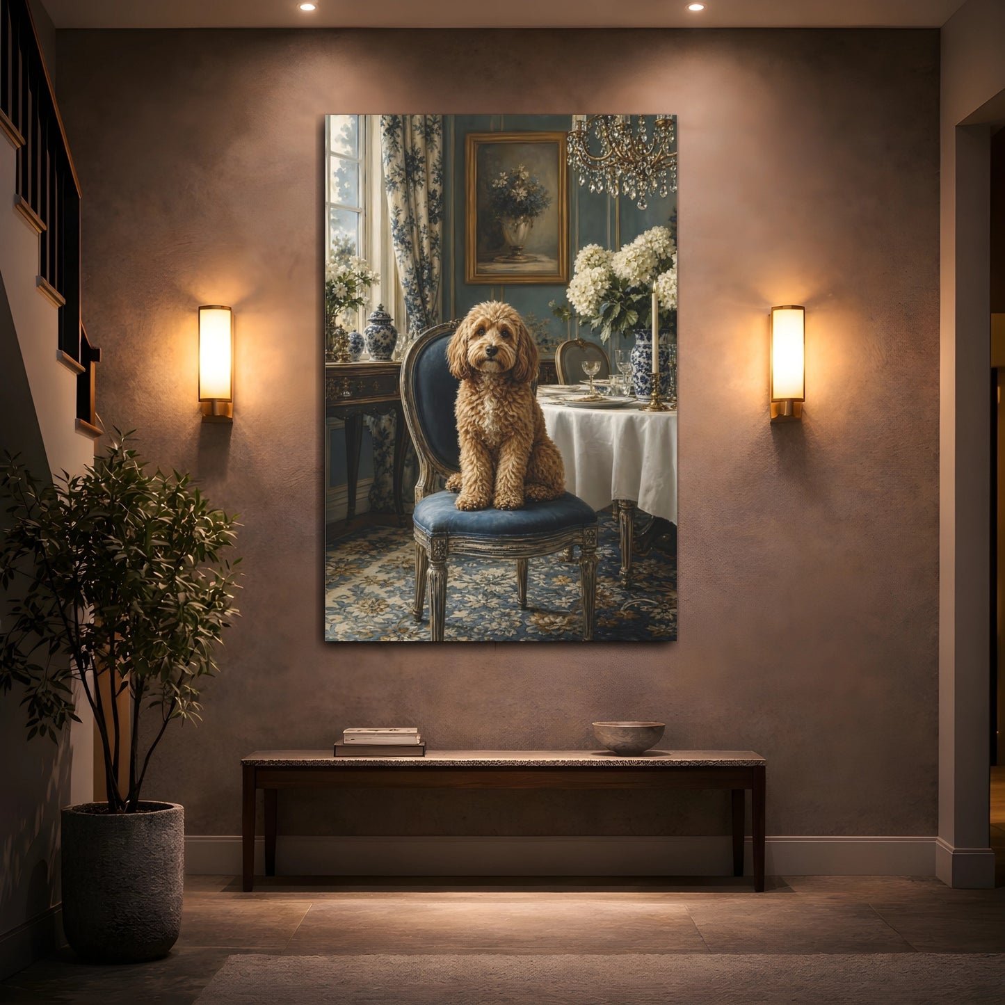 Mockup 2. Animals Dog Brown And Blue shown as stretched canvas wall art