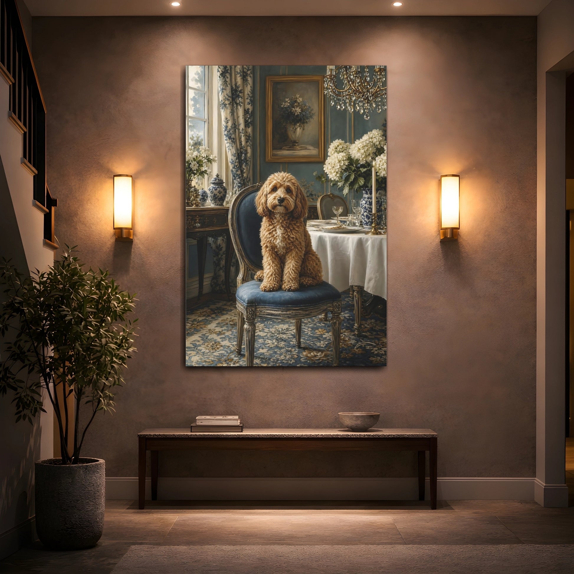 Mockup 2. Animals Dog Brown And Blue shown as stretched canvas wall art