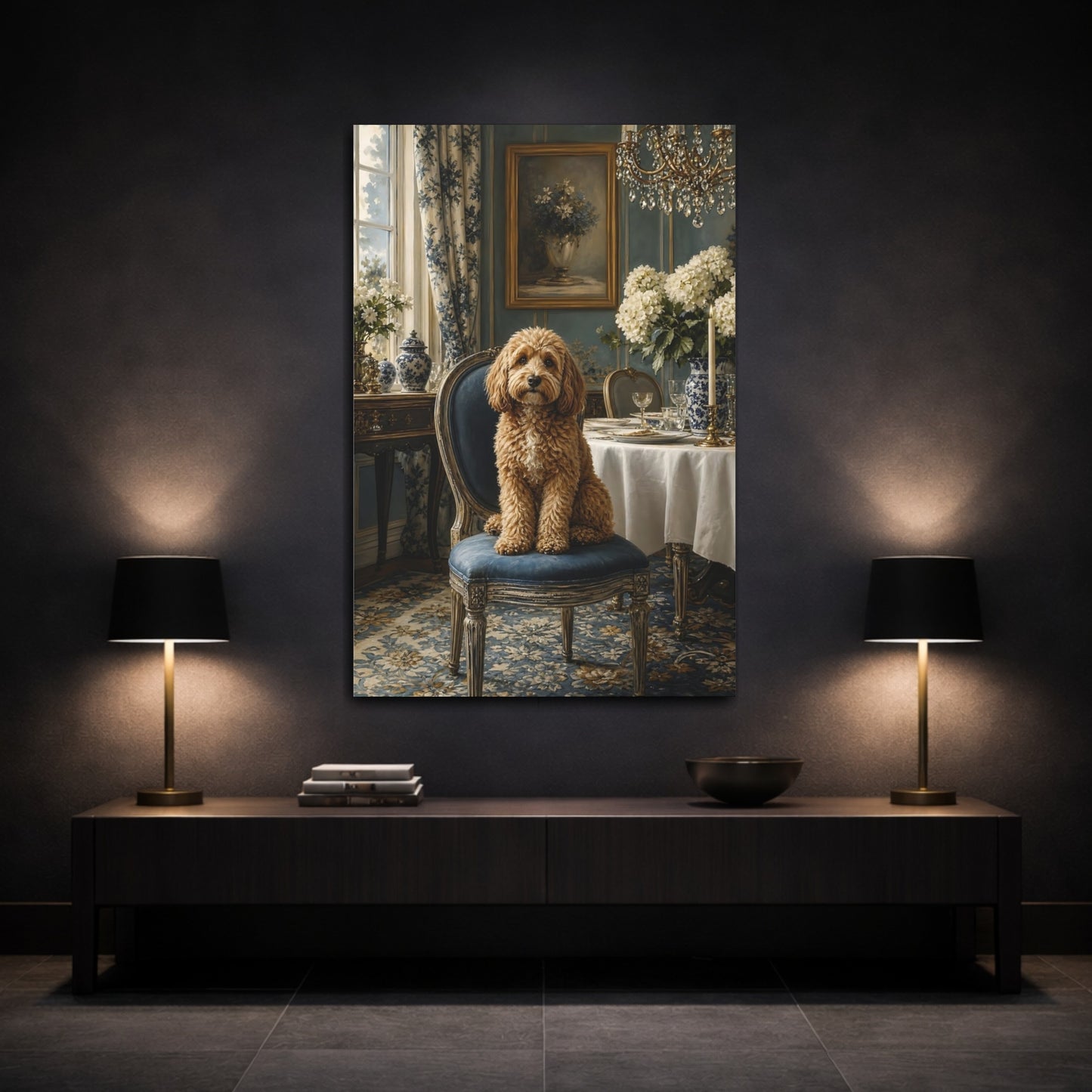 Mockup 3. Animals Dog Brown And Blue shown as stretched canvas wall art