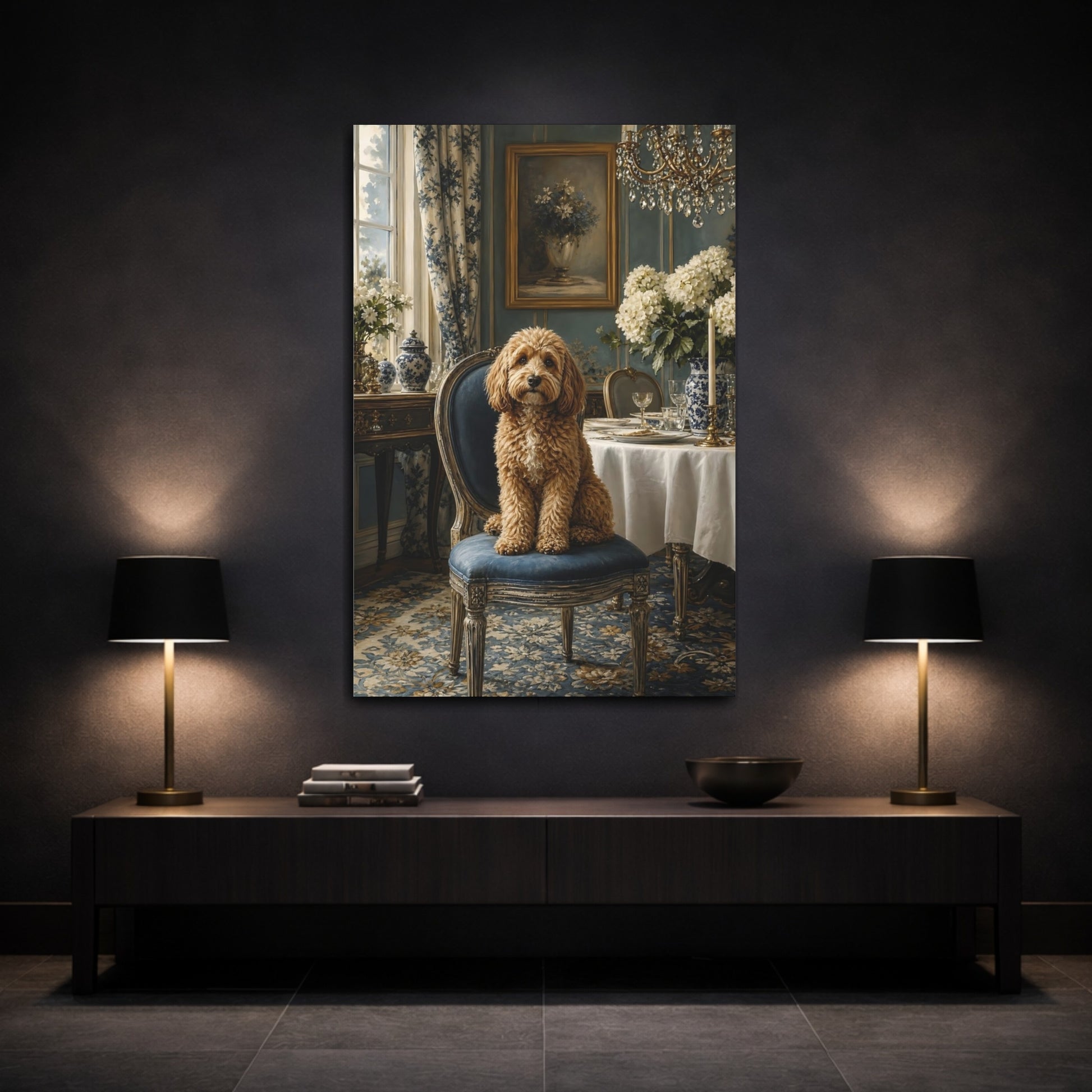 Mockup 3. Animals Dog Brown And Blue shown as stretched canvas wall art