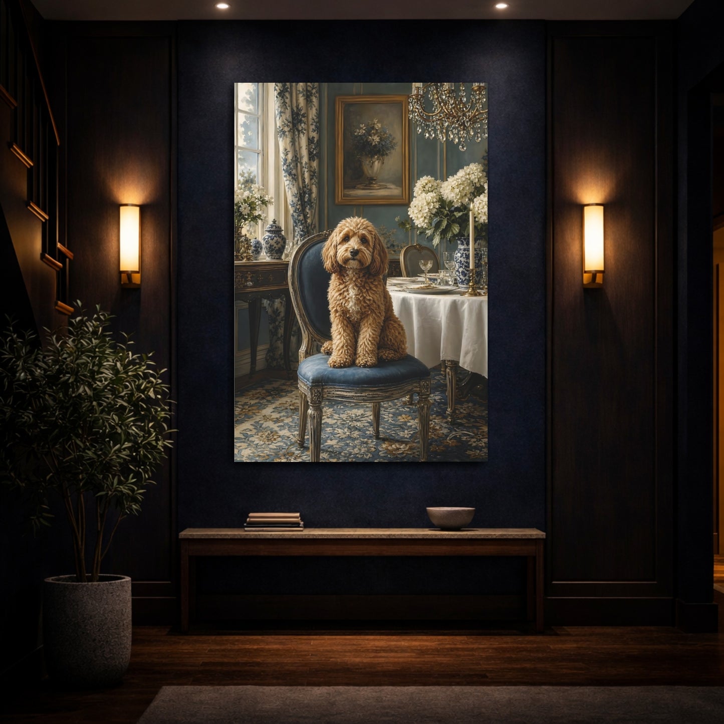 Mockup 4. Animals Dog Brown And Blue shown as stretched canvas wall art