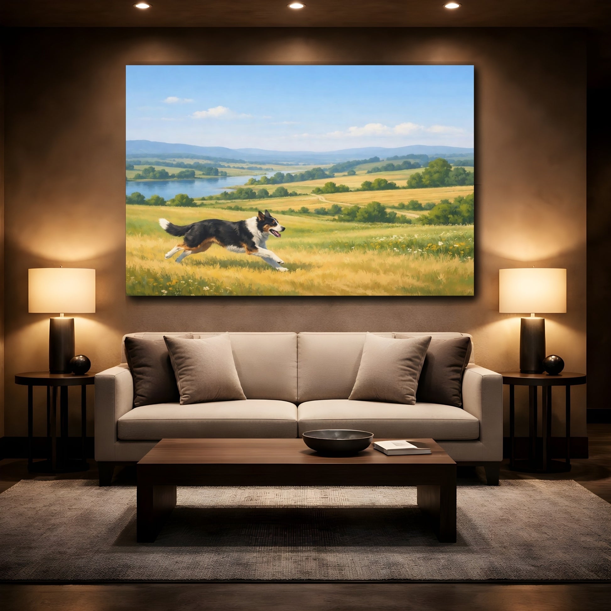 Mockup 3. Animals Dog Dog In Landscape shown as stretched canvas wall art