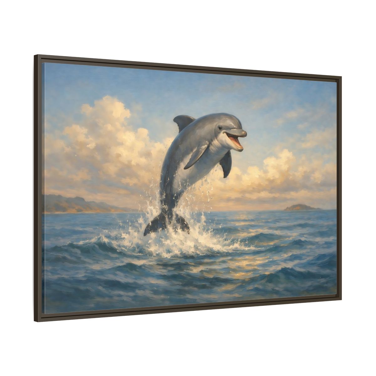 Main Mockup. Animals Dolphin Blue And Gold shown as stretched canvas wall art
