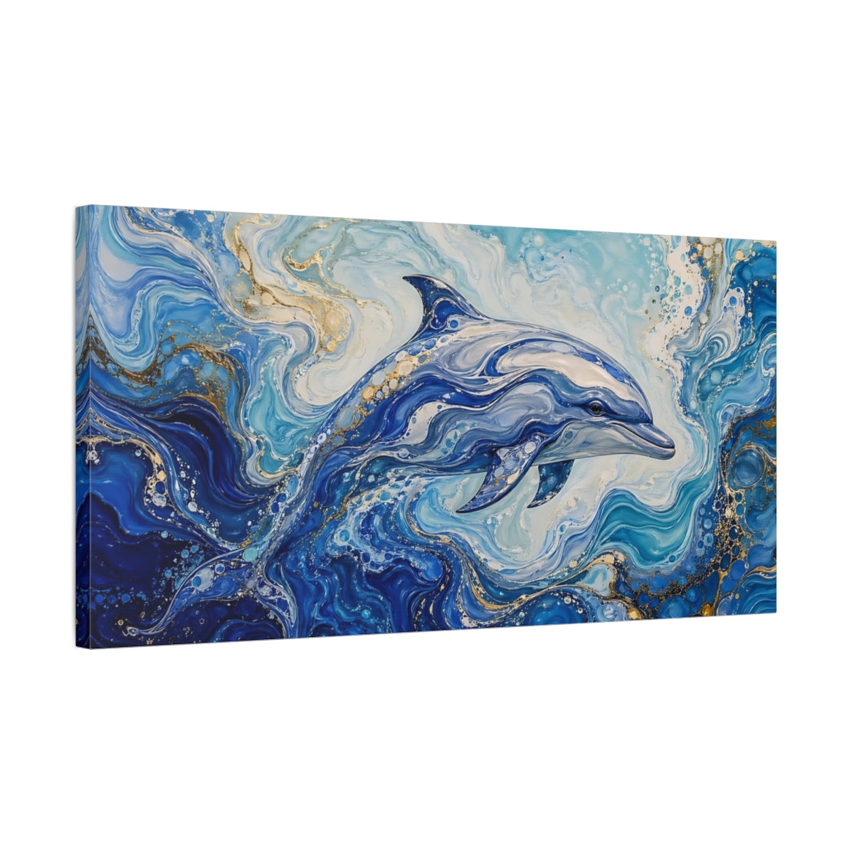Side Mockup 1. Animals Dolphin Blue And Gold shown as stretched canvas wall art
