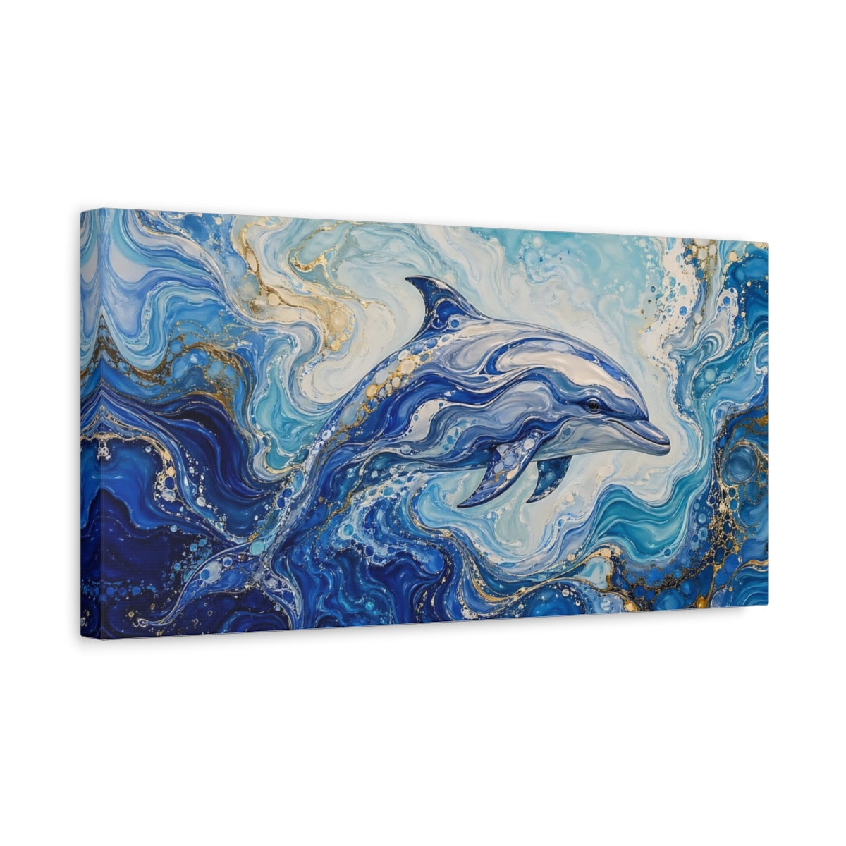 Side Mockup 3. Animals Dolphin Blue And Gold shown as stretched canvas wall art