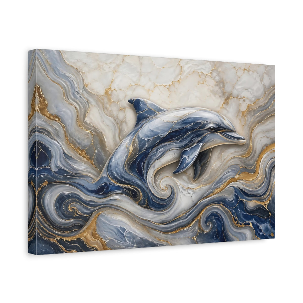 Side Mockup 4. Animals Dolphin Blue And Gold Dolphin shown as stretched canvas wall art