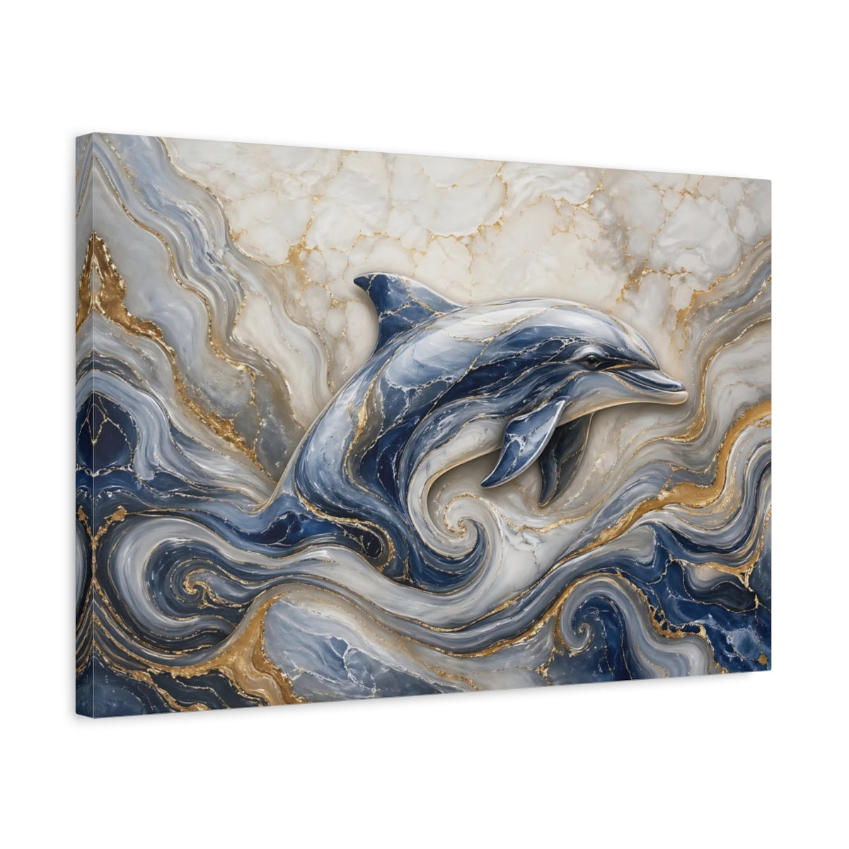 Side Mockup 3. Animals Dolphin Blue And Gold Dolphin shown as stretched canvas wall art