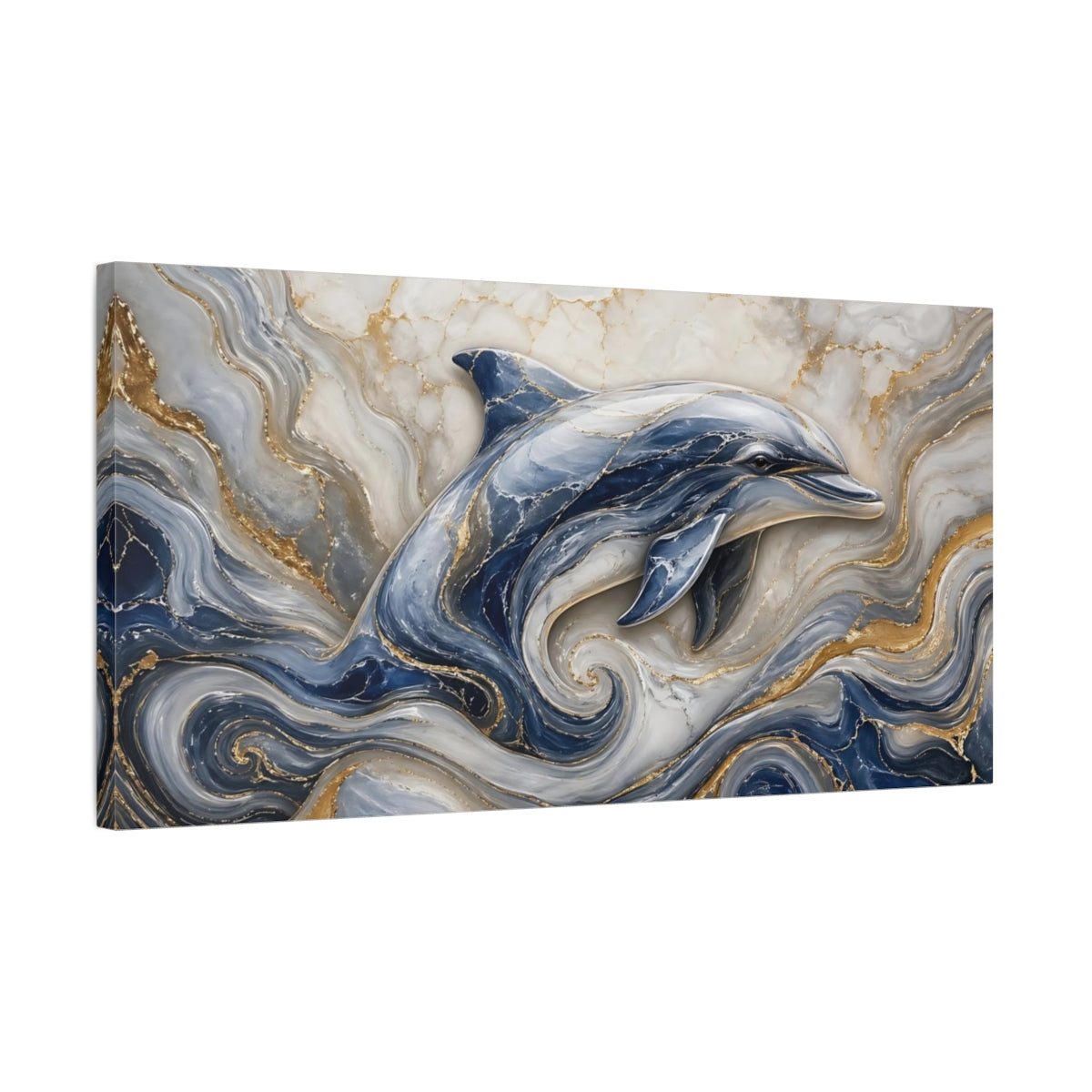 Side Mockup 1. Animals Dolphin Blue And Gold Dolphin shown as stretched canvas wall art