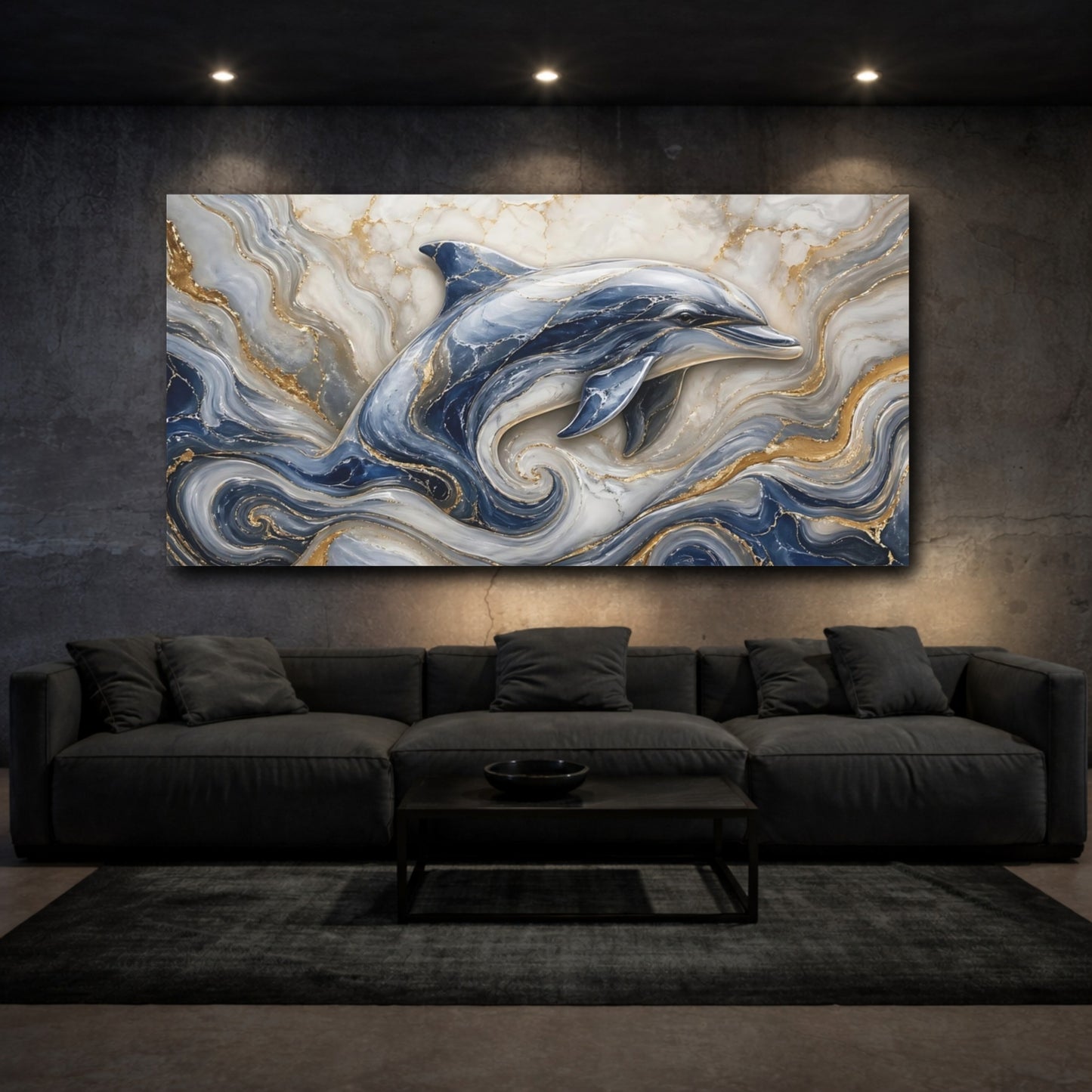 Mockup 2. Animals Dolphin Blue And Gold Dolphin shown as stretched canvas wall art
