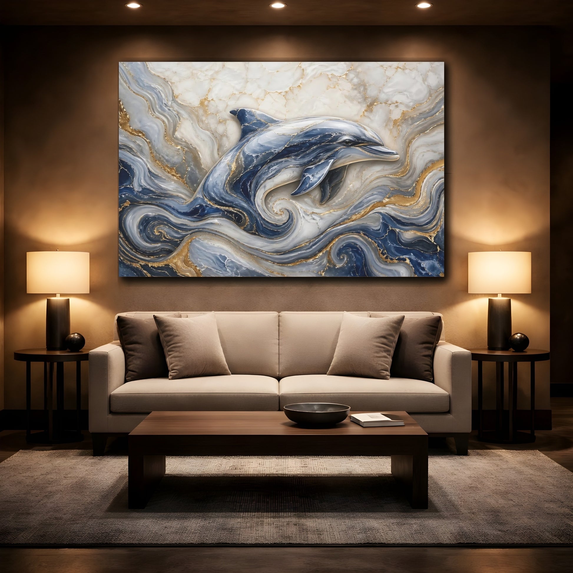 Mockup 2. Animals Dolphin Blue And Gold Dolphin shown as stretched canvas wall art