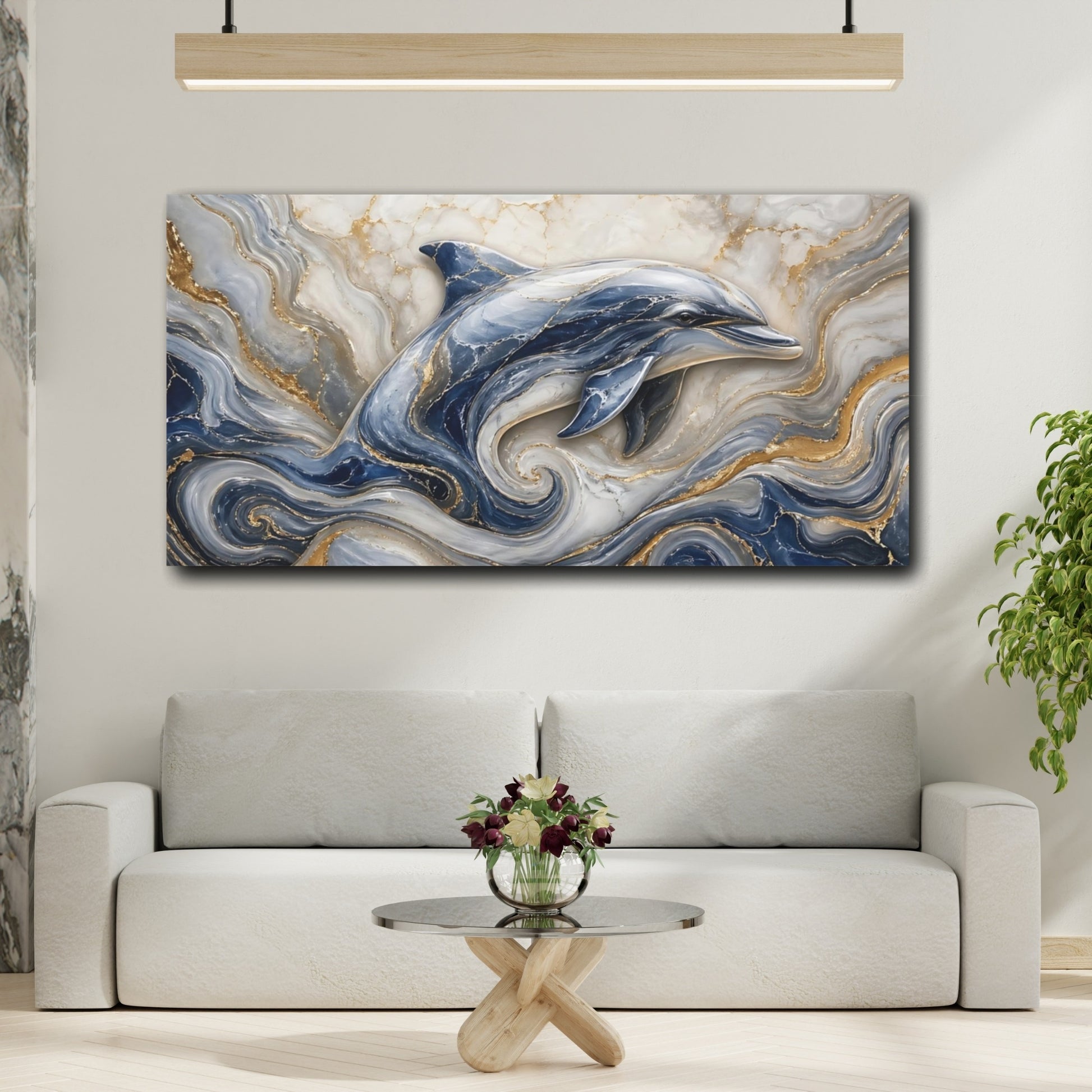 Mockup 3. Animals Dolphin Blue And Gold Dolphin shown as stretched canvas wall art