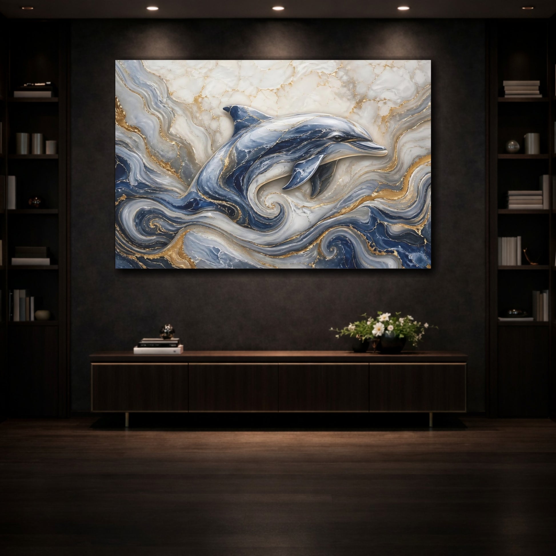 Mockup 3. Animals Dolphin Blue And Gold Dolphin shown as stretched canvas wall art
