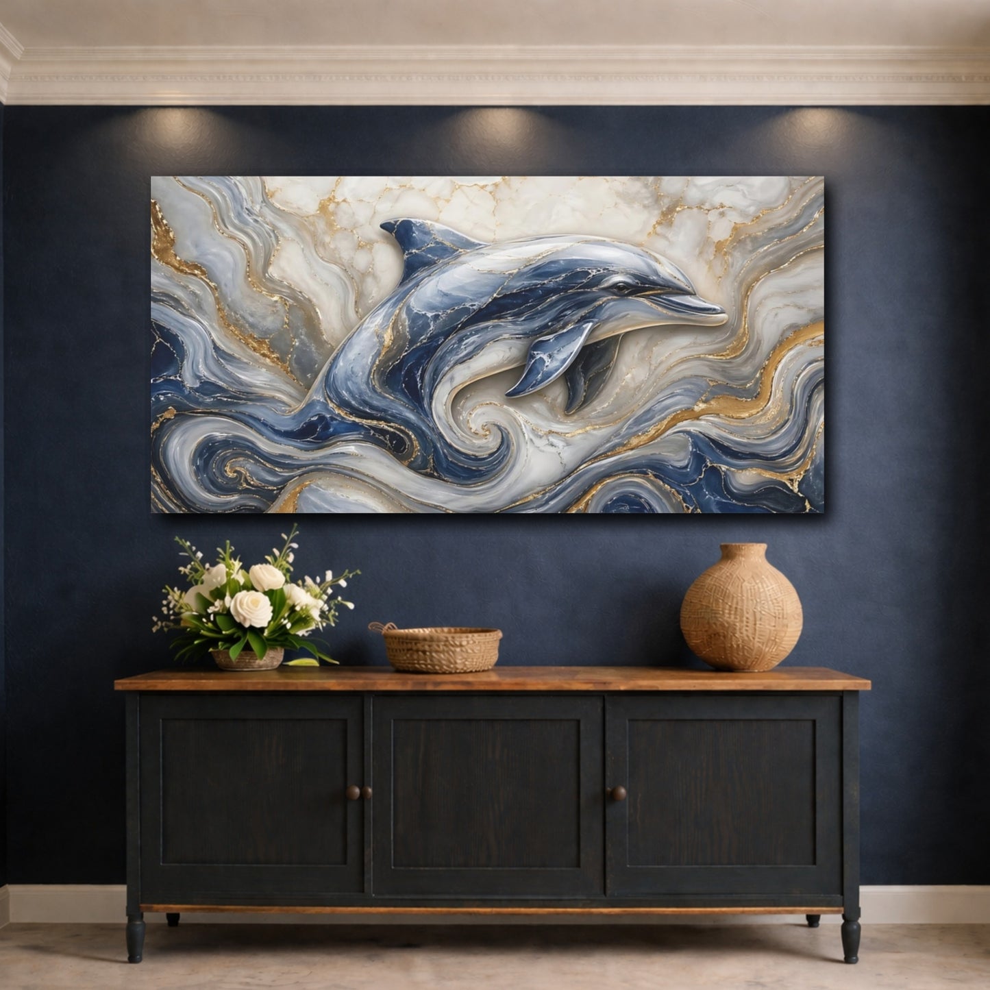 Mockup 4. Animals Dolphin Blue And Gold Dolphin shown as stretched canvas wall art