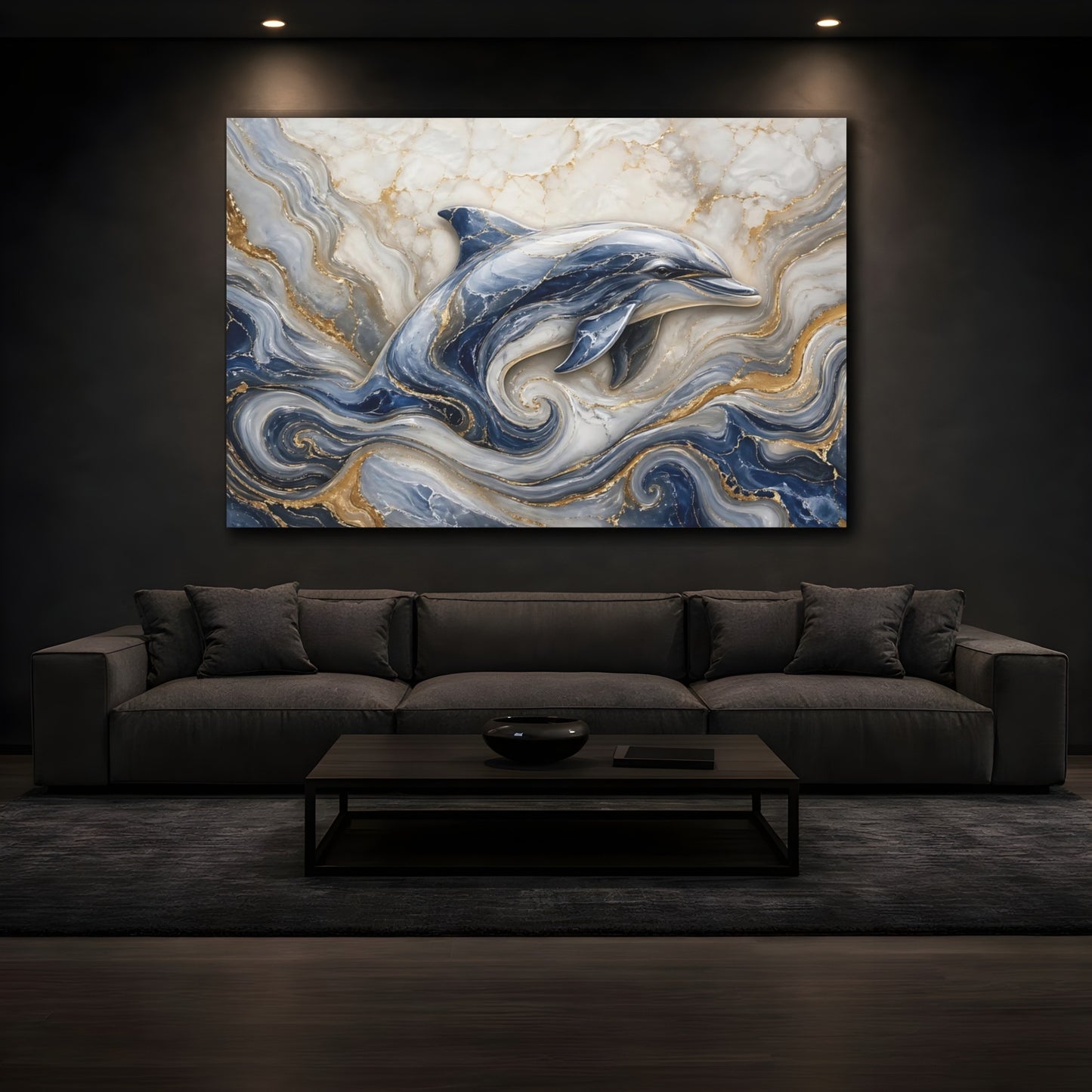 Mockup 4. Animals Dolphin Blue And Gold Dolphin shown as stretched canvas wall art