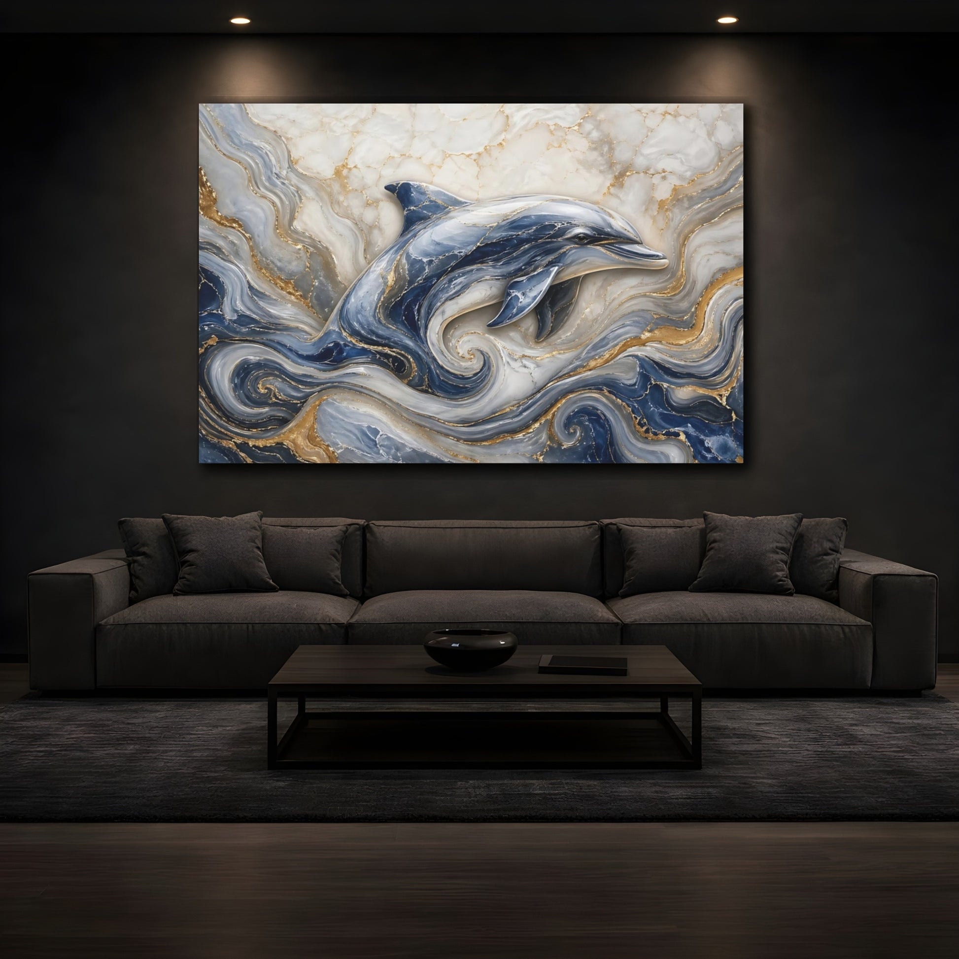 Mockup 4. Animals Dolphin Blue And Gold Dolphin shown as stretched canvas wall art